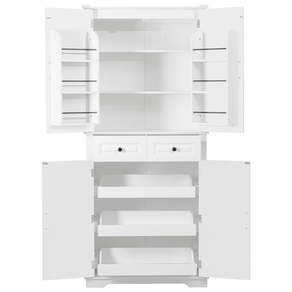 K&K 71' Tall Kitchen Pantry Cabinet with 3 Pull Out Cabinet Organizers, Farmhouse Embossed Texture Storage Cabinet with 6 Door Shelves, 2 Drawers, Freestanding Cupboard for Kitchen, Dining Room White - Grand Goldman Shop