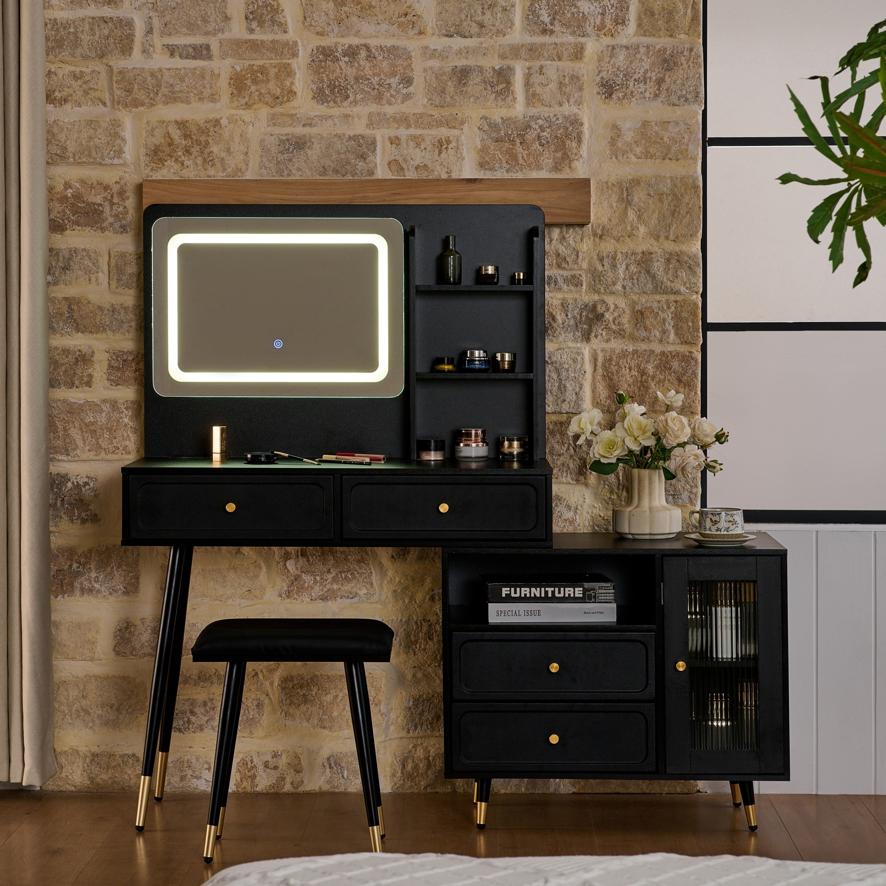 Modern Makeup Vanity Desk with Mirror and Lights, Retractable Design, Black Engineered Wood, 58.50 x 15.80 x 52.30 inches - Grand Goldman Shop