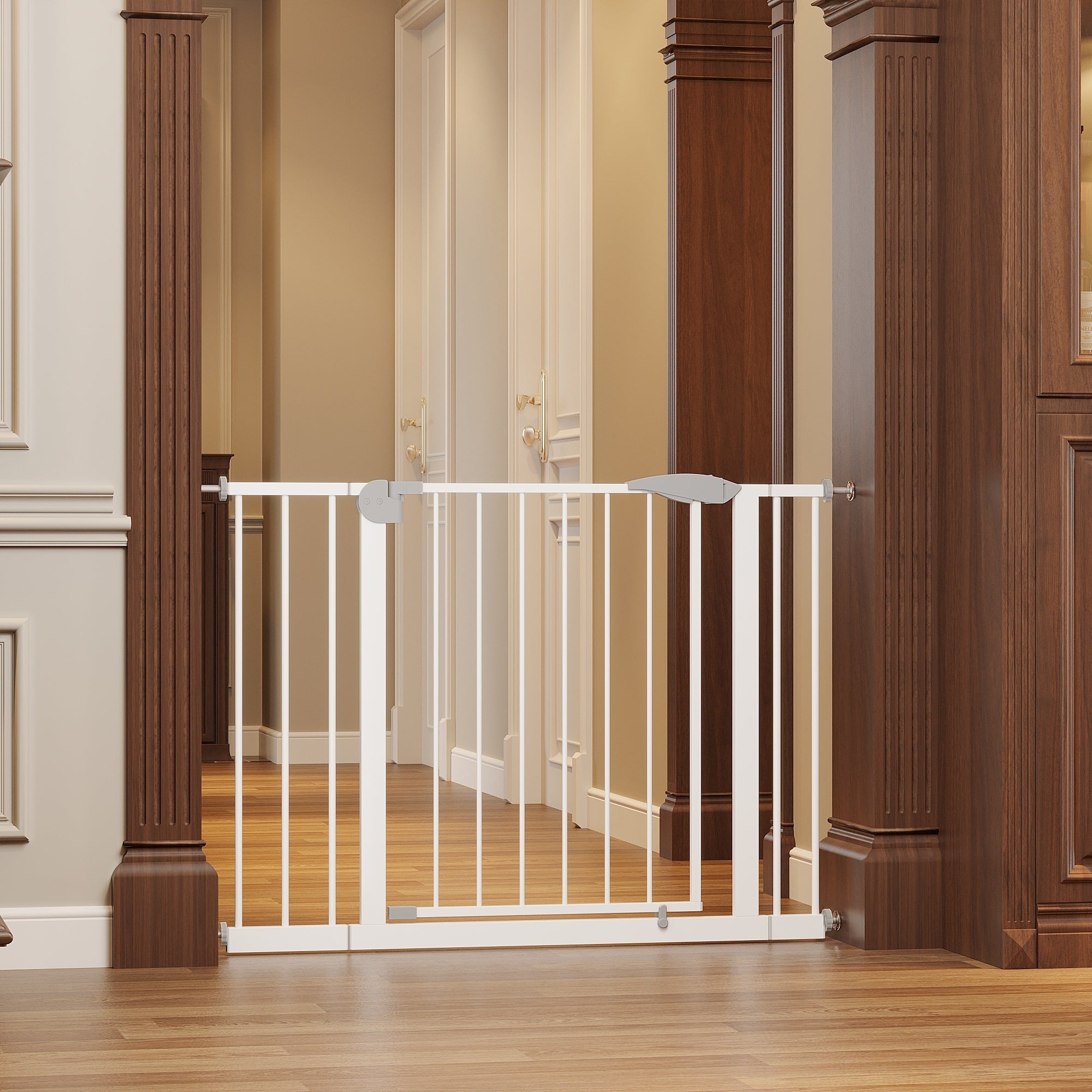 White Pressure-Mounted Baby Gate for Stairs, 29.5-44.1' Wide, Steel and ABS Construction, Easy Walk-Through Design for Kids a