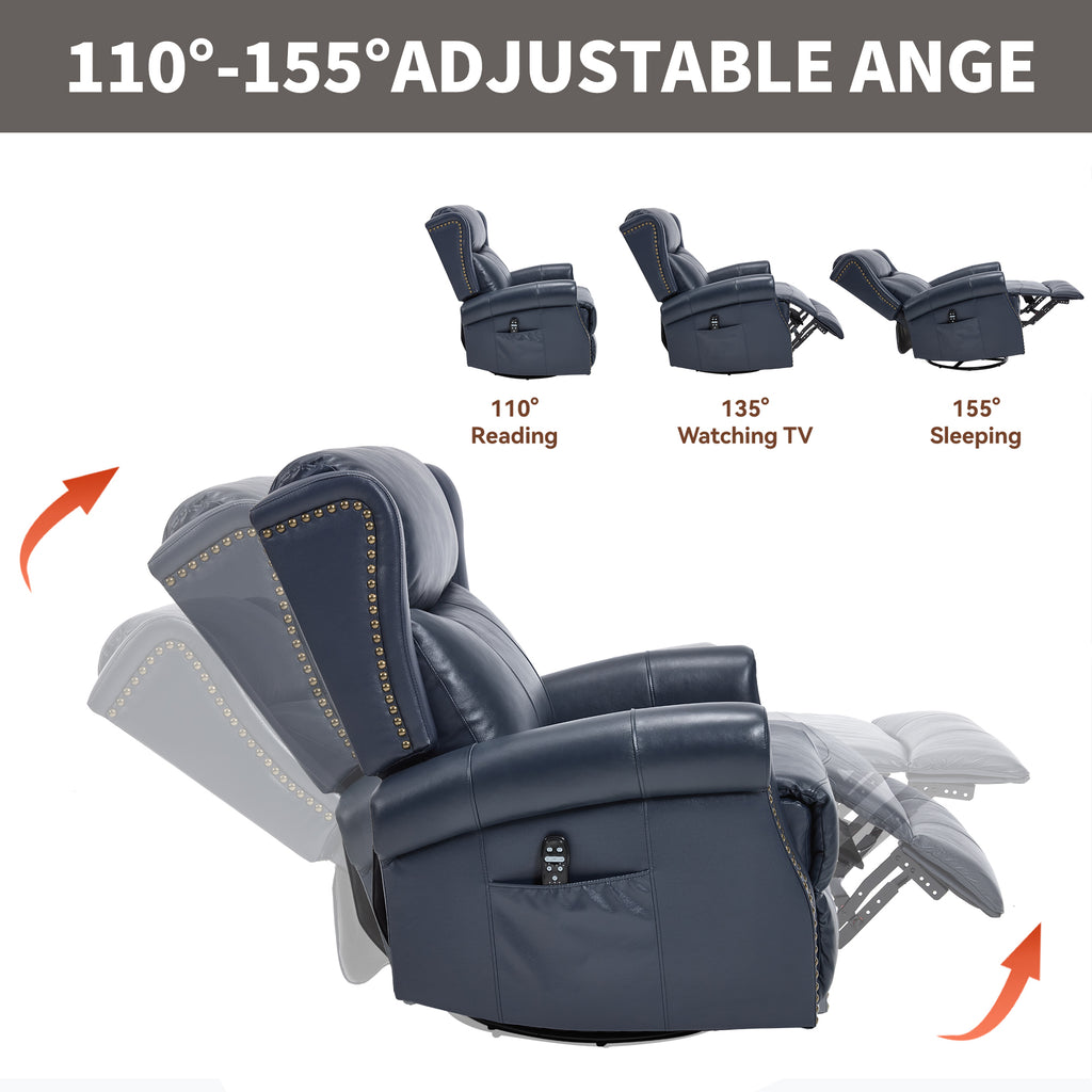 Heat Massage Manual Recliner Chair with Rocker and Swivel in Genuine leather for Living Room, Blue - Grand Goldman Shop