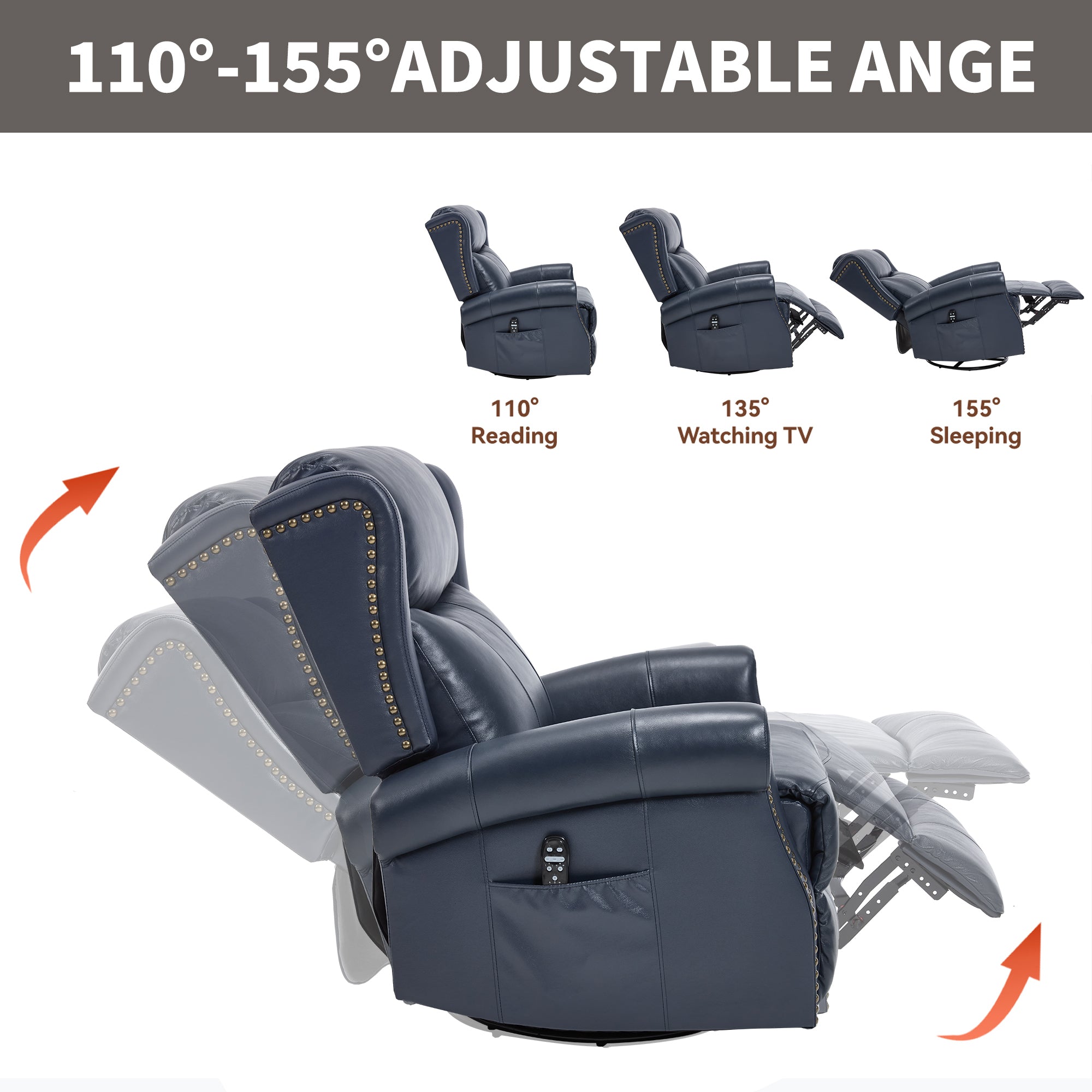 Heat Massage Manual Recliner Chair with Rocker and Swivel in Genuine leather for Living Room, Blue - Grand Goldman Shop