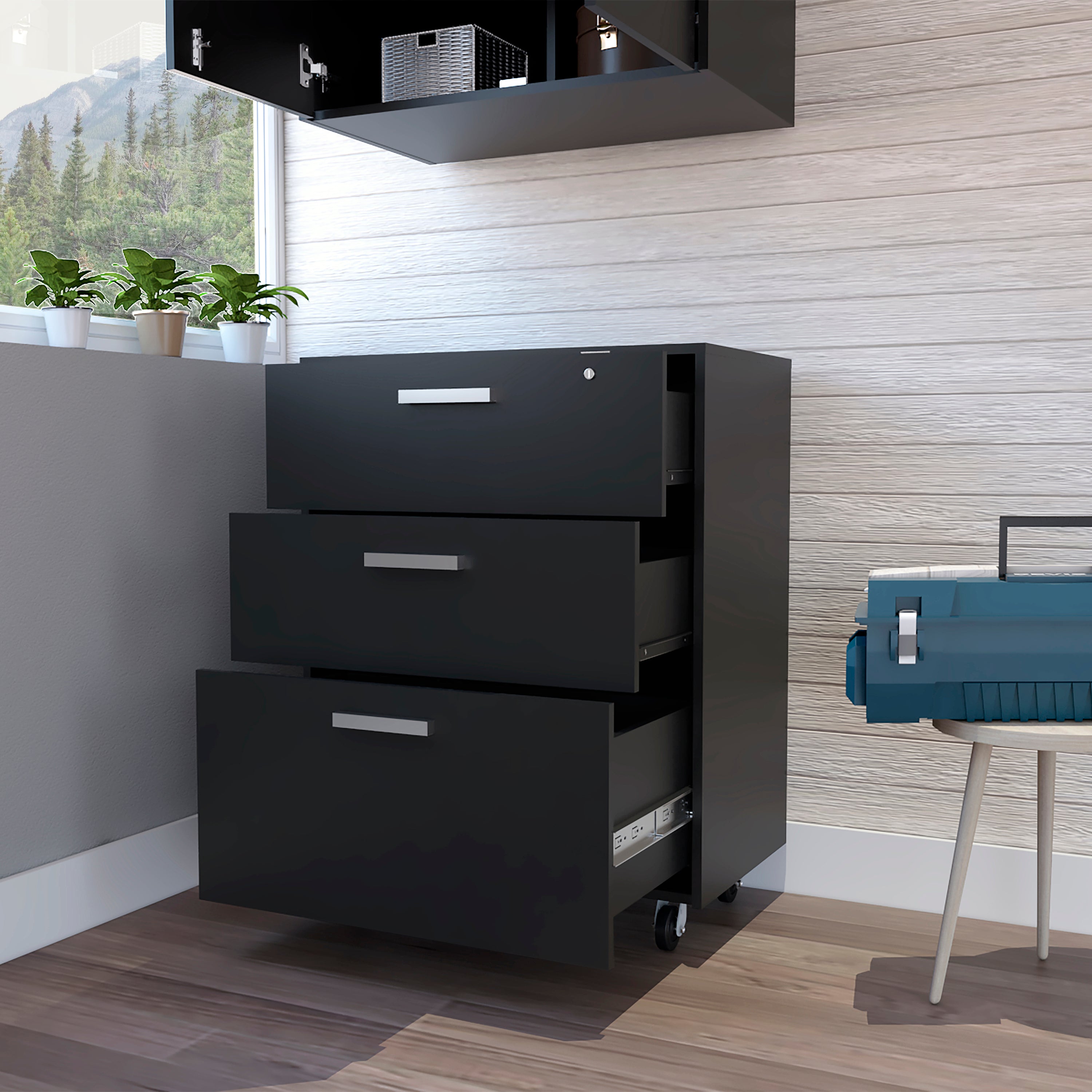 Storage Cabinet - Superior Top, Drawer Base Cabinet, Three Drawers, Four Casters -Black | Premium Home Decor - Grand Goldman