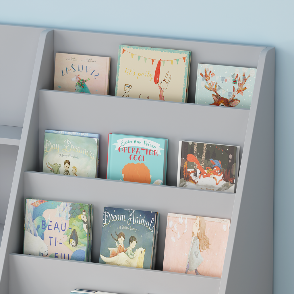 Kids Bookshelf and Toy Storage Organizer, 4-Tier Wooden Bookcase with Display Stand in Gray MDF for Nursery, Playroom, or Chi