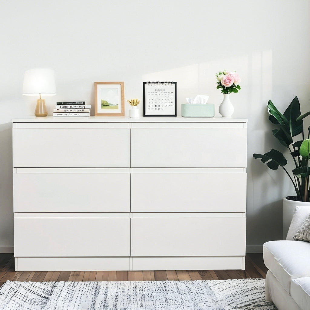 Modern 6 Drawer Dresser with Spacious Countertop and Concealed Handles, Storage Cabinet for Bedroom and Living Room, White MDF - Grand Goldman Shop