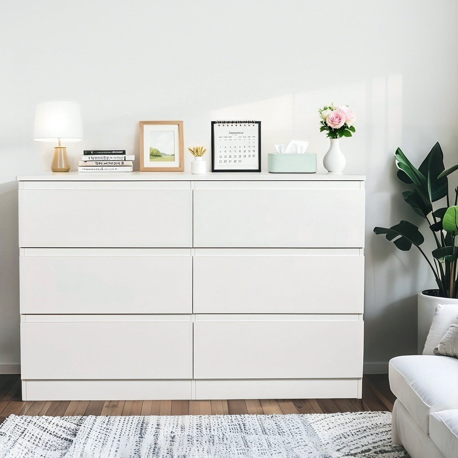 Modern 6 Drawer Dresser with Spacious Countertop and Concealed Handles, Storage Cabinet for Bedroom and Living Room, White MDF - Grand Goldman Shop