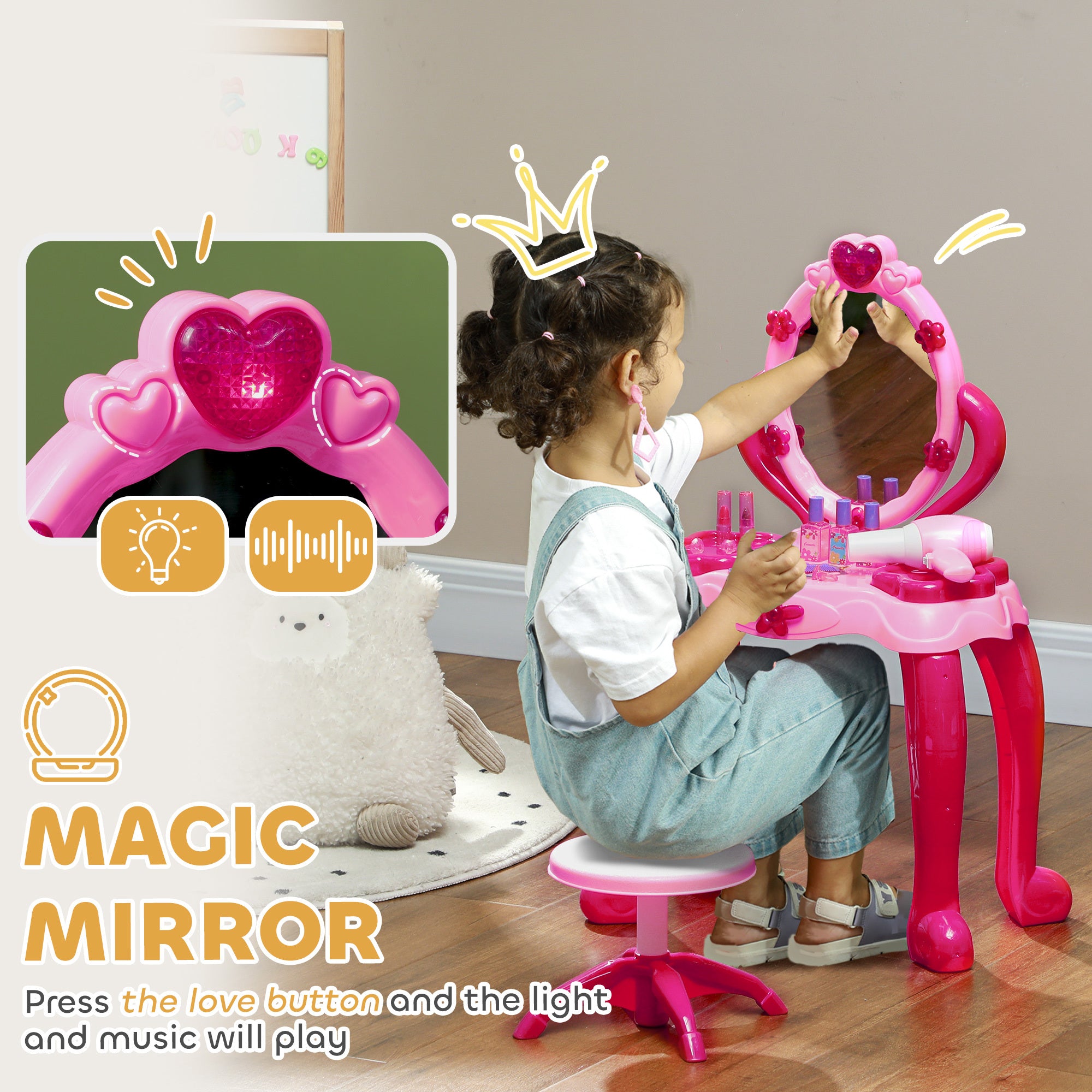 Qaba Kids Vanity Set with Mirror and Stool, Girls Makeup Table with Light and Sound, 15 Accessories, Pretend Play Set with Ha