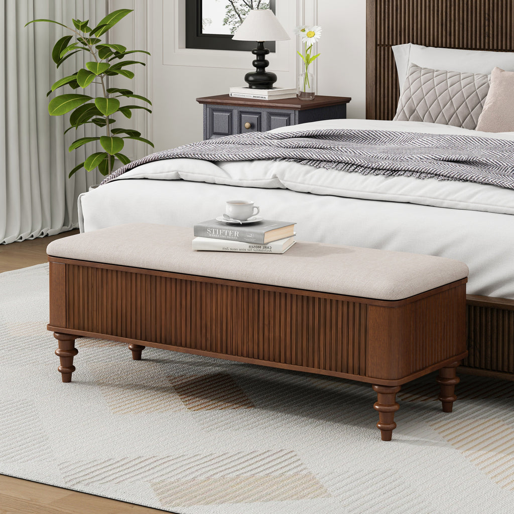 Walnut Multi-Functional Storage Ottoman Bench with Linen Seat, Solid Rubberwood Bed End Bench for Bedroom, Entryway, Living Room, Closet - Grand Goldman Shop