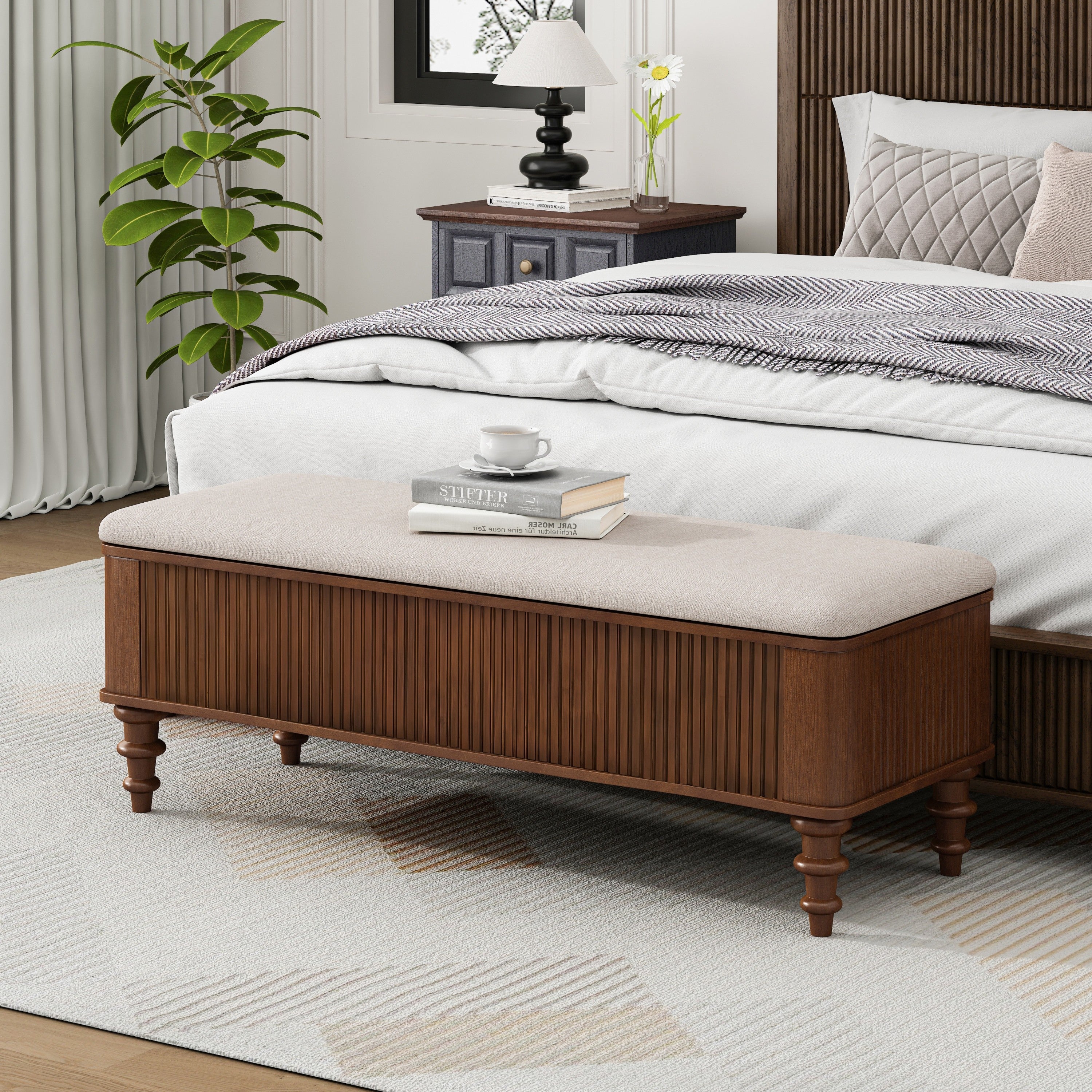 Walnut Multi-Functional Storage Ottoman Bench with Linen Seat, Solid Rubberwood Bed End Bench for Bedroom, Entryway, Living Room, Closet - Grand Goldman Shop