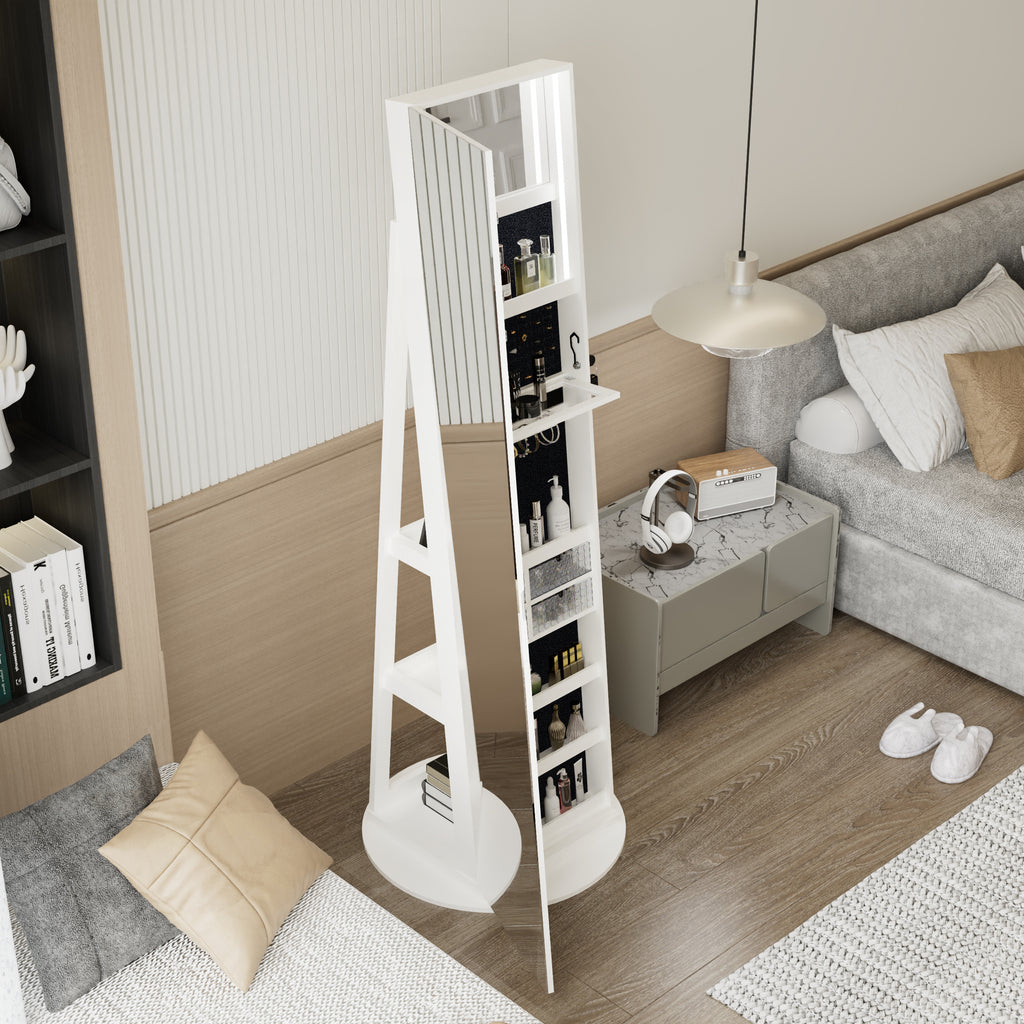 360°Swivel Jewelry Cabinet with Full Length Mirror, 360°Rotating Standing Jewelry Armoire Organizer, Lockable Storage Cabinet, Interior Lighted Mirror, White - Grand Goldman Shop