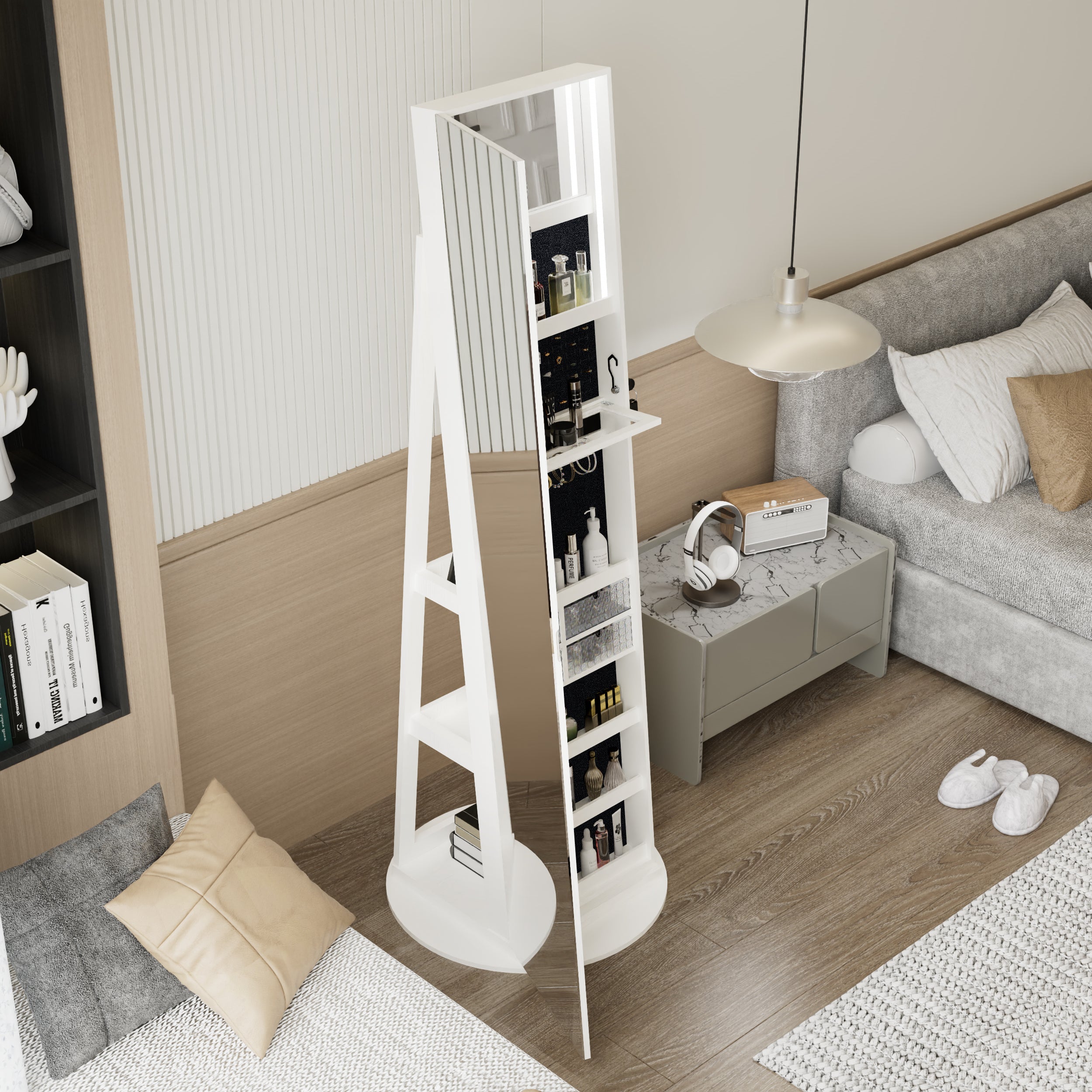 360°Swivel Jewelry Cabinet with Full Length Mirror, 360°Rotating Standing Jewelry Armoire Organizer, Lockable Storage Cabinet, Interior Lighted Mirror, White - Grand Goldman Shop