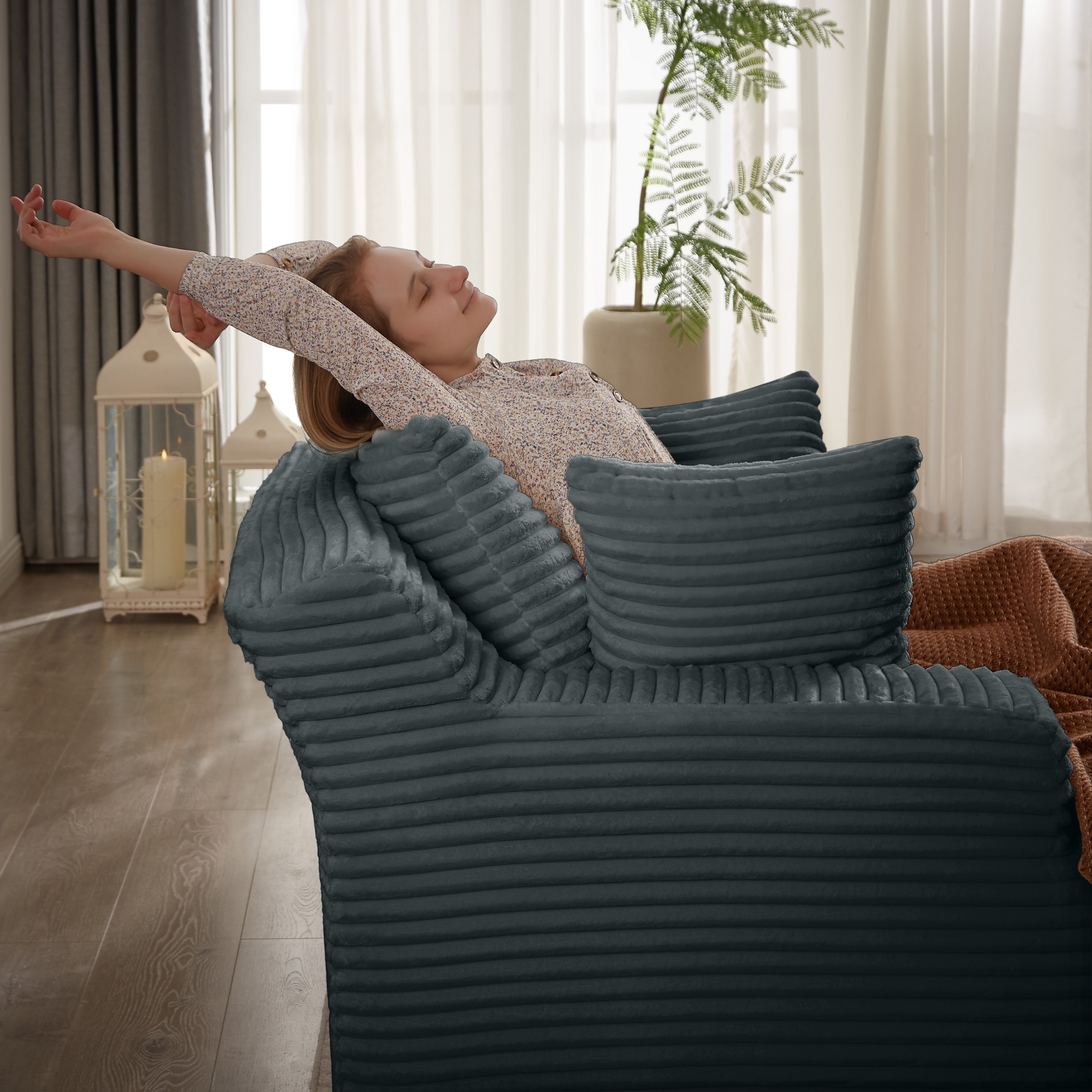 Oversized Chaise Lounge Chair Indoor, Corduroy Upholstered Modern Sofa Couch,No Assembly Required,Comfy Sleeper Sofa for Living Room,Office - Grand Goldman Shop