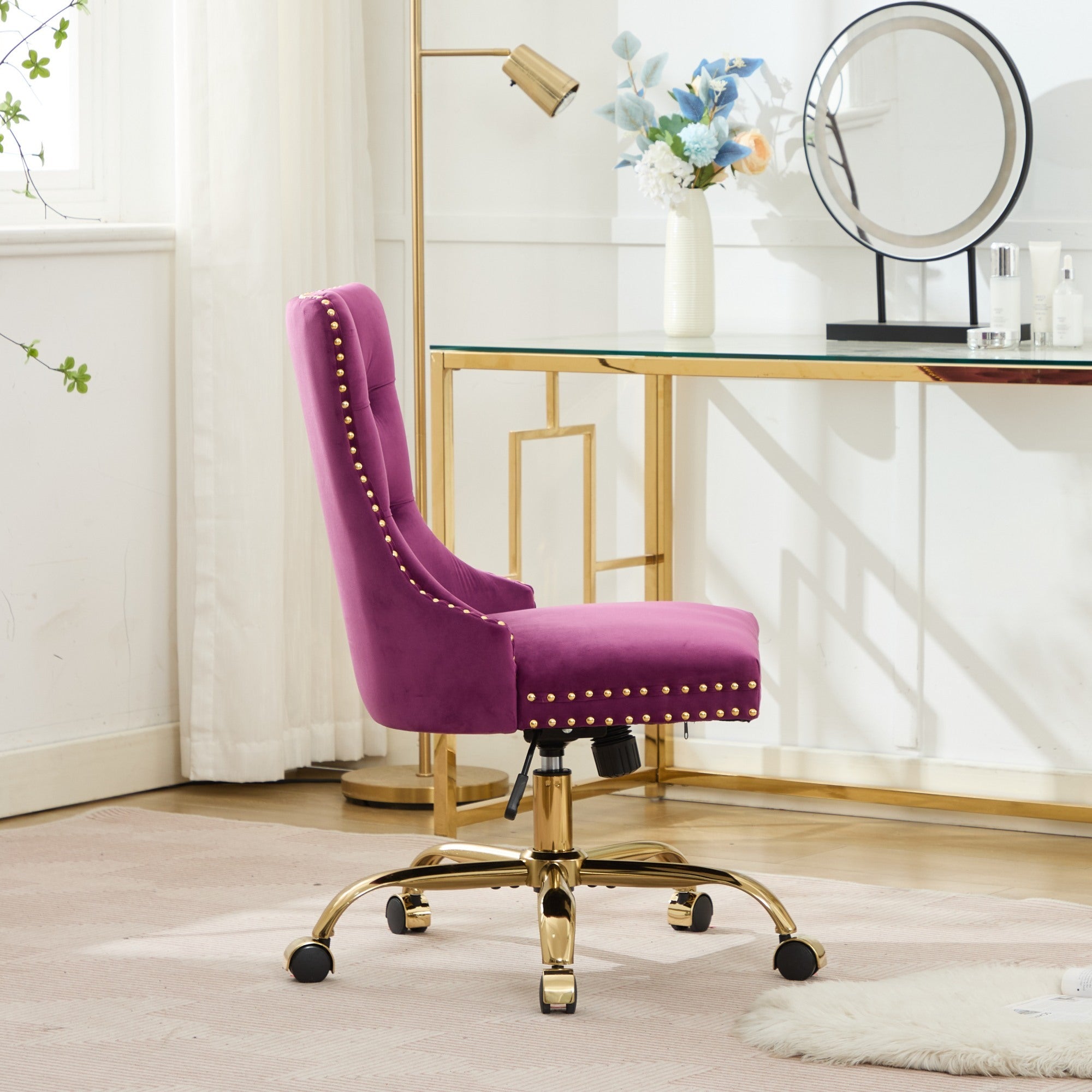 A&A Furniture Office Chair,Modern Velvet Upholstered Tufted Button Home Office Chair with Golden Metal Base,Adjustable Desk C