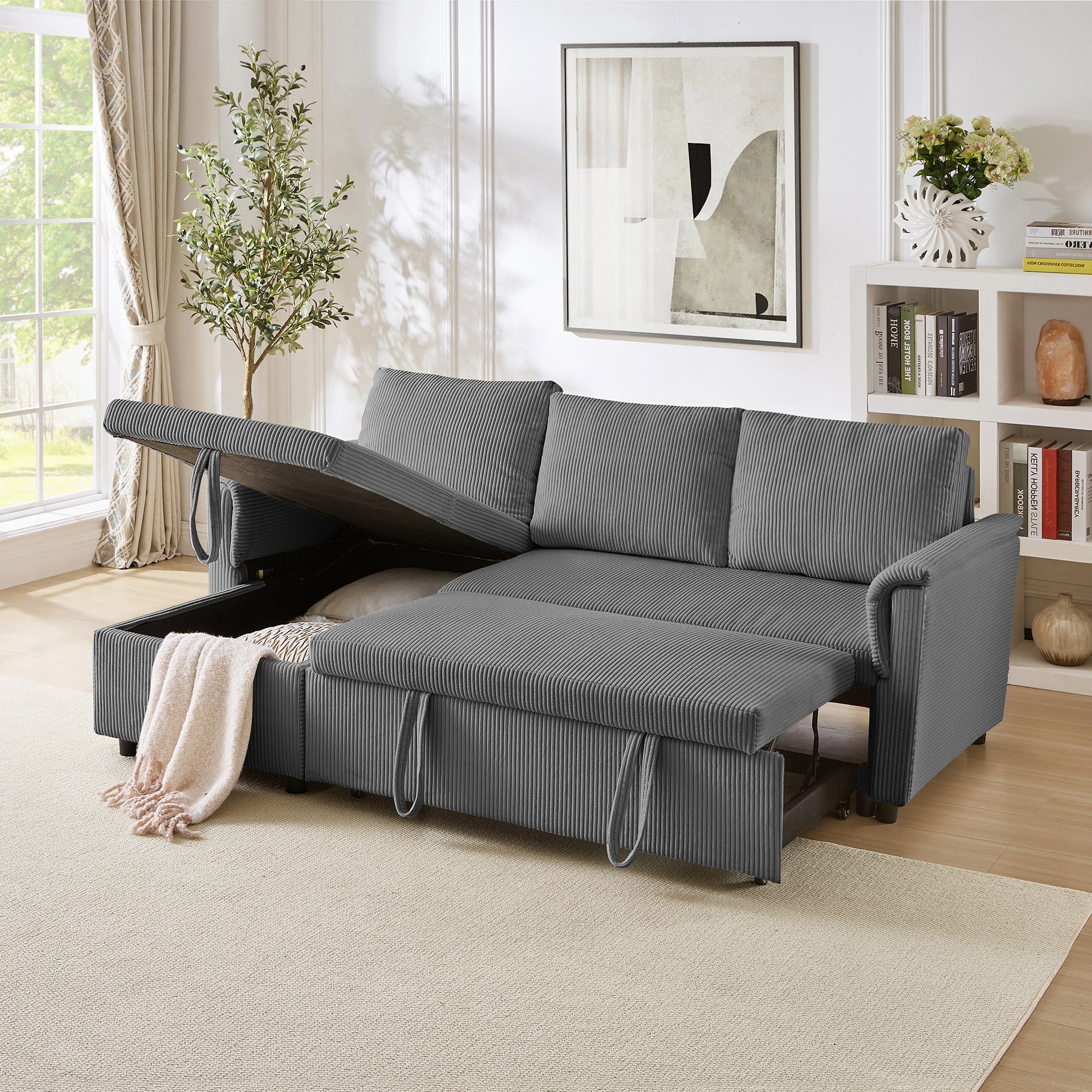 Loveseat Sofa with Chaise Lounge L-Shaped Modular Convertible Sofa with Storage Chaise, Corduroy Tufted Upholstered Sleeper Sectional Sofa,Pull Out Sleep Couch Bed and Reclining Backrest-Gray - Grand Goldman Shop