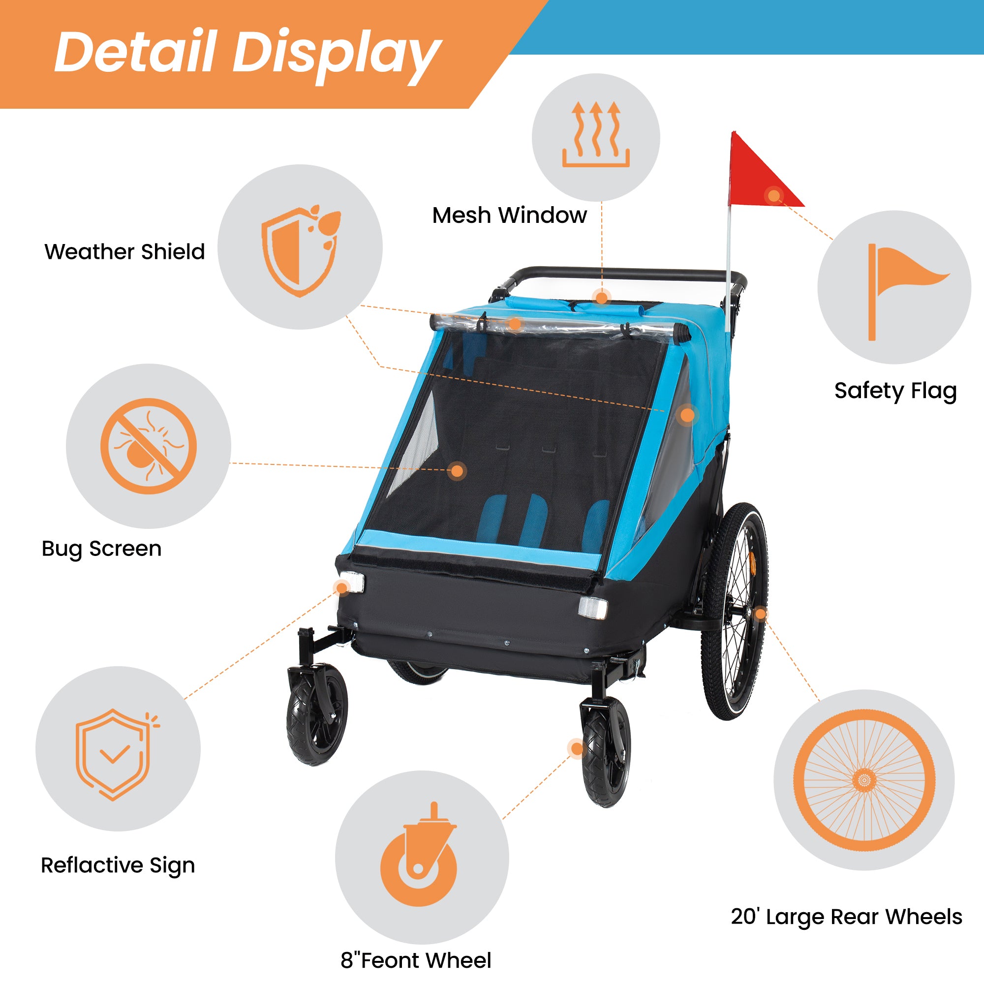 Stylish 2 in 1 Kids Bike Trailer and Stroller for 1 to 2 Children, Jogging Function, Foldable Compact Storage with Universal 