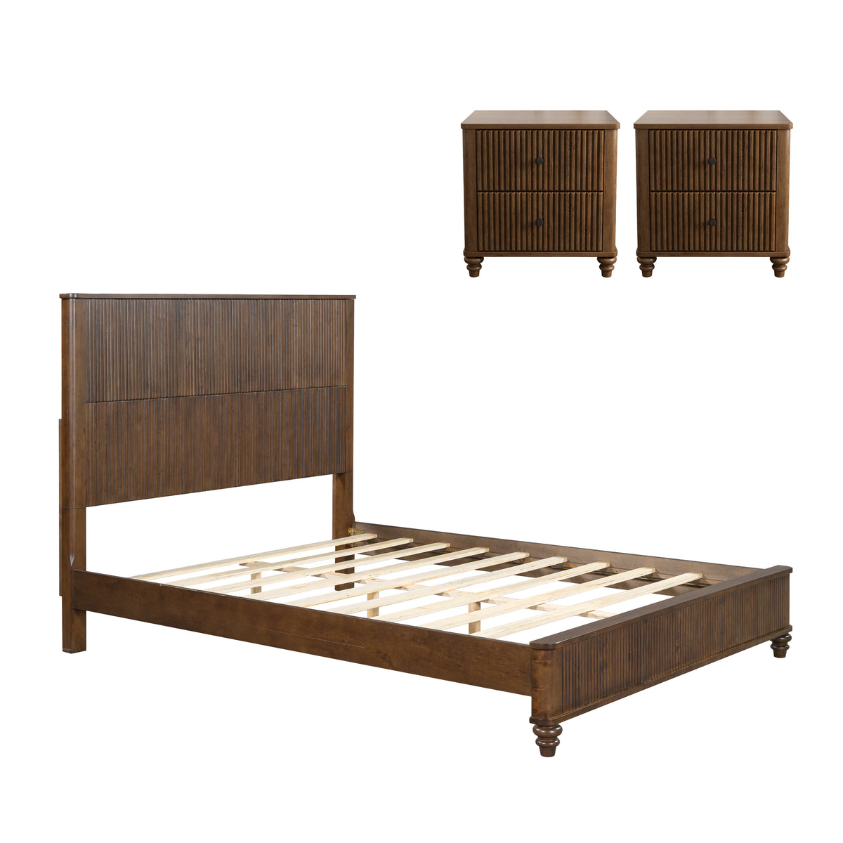 3-Piece Bedroom Set with Queen Bed and 2 Nightstands, Walnut Brown - Grand Goldman Shop