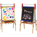 Qaba Easel for Kids, 3 in 1 Kids Art Easel with Paper Roll, Whiteboard, Chalkboard, Double Sided & Adjustable Height Wooden T