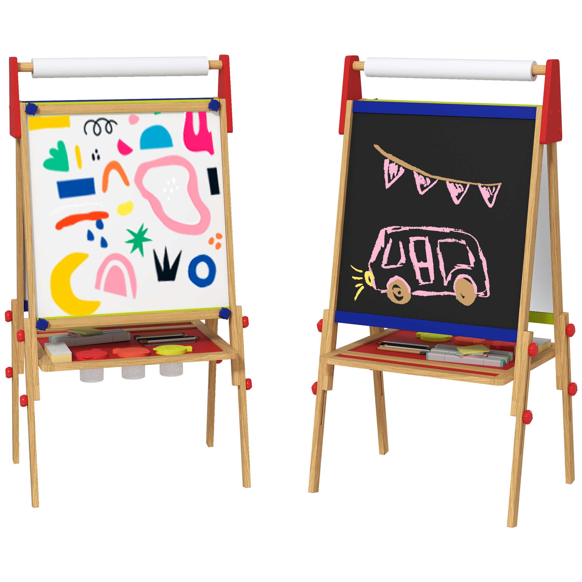 Qaba Easel for Kids, 3 in 1 Kids Art Easel with Paper Roll, Whiteboard, Chalkboard, Double Sided & Adjustable Height Wooden T