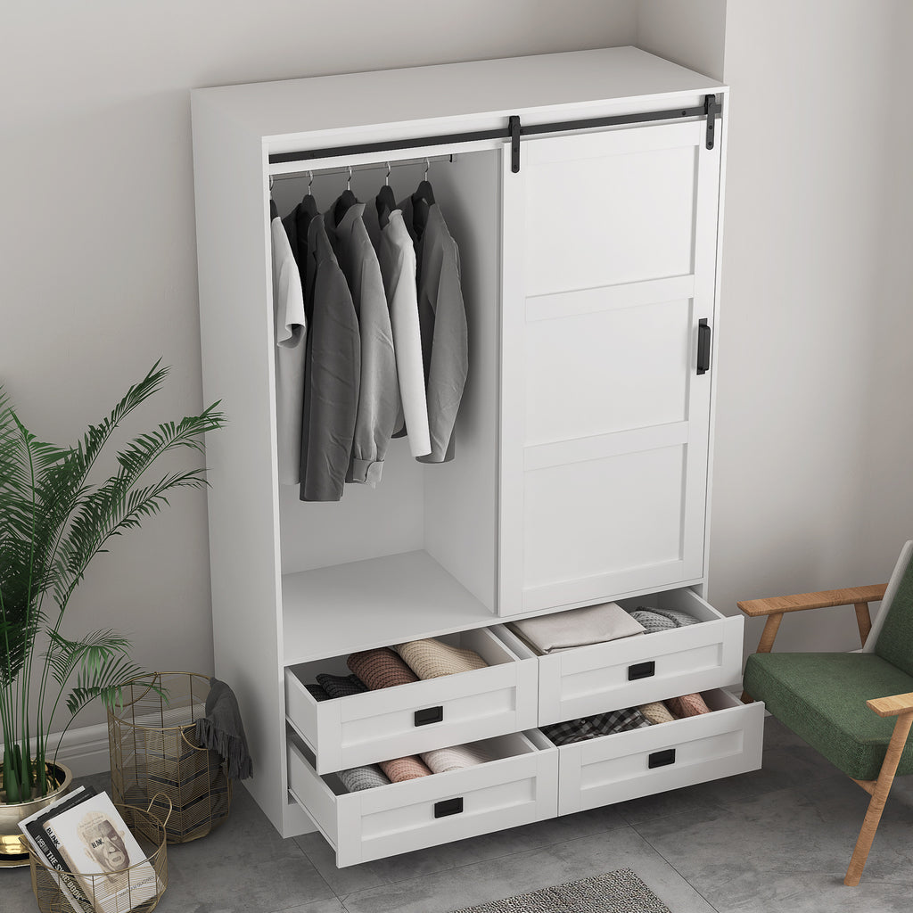 Tall Bedroom Armoire Wardrobe Closet Clothing Storage Cabinet with Hanging Rod Barn Door Drawers Open Shelves - Grand Goldman Shop