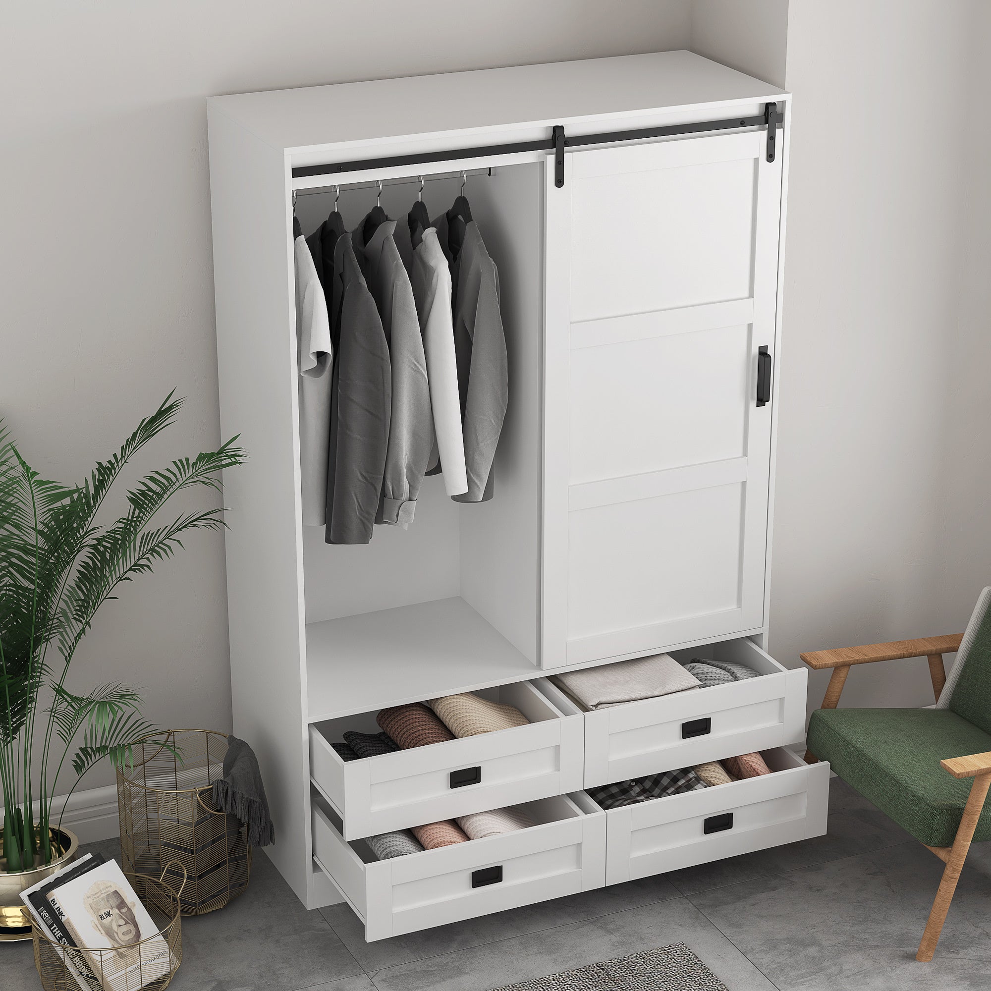 Tall Bedroom Armoire Wardrobe Closet Clothing Storage Cabinet with Hanging Rod Barn Door Drawers Open Shelves - Grand Goldman Shop