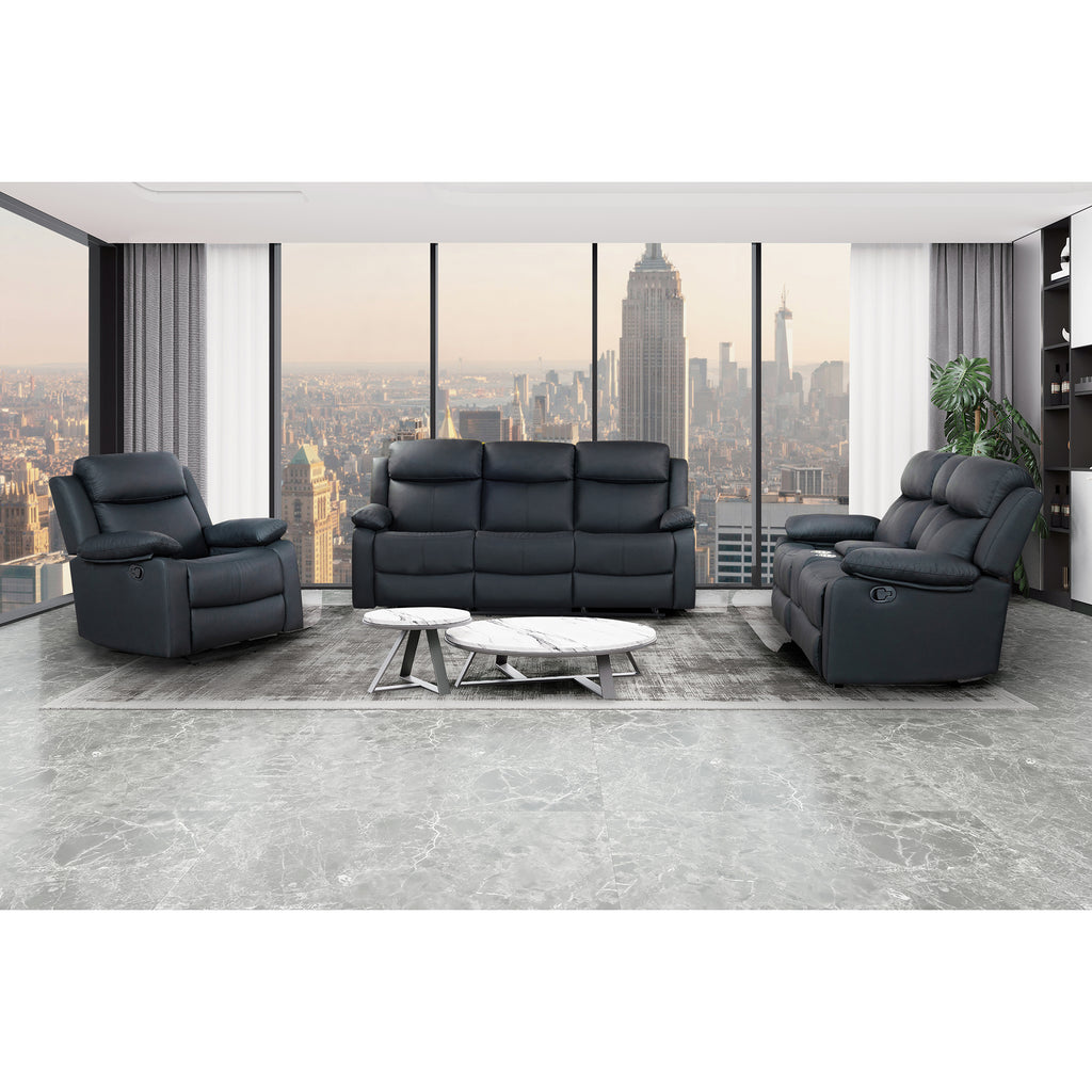 Blanche Black 3PC Reclining Sofa and Loveseat and Glider Recliner with LED Lights and Speakers in Black Upholstered Fabric, Medium Firm Seating, 3-Piece Set - Grand Goldman Shop