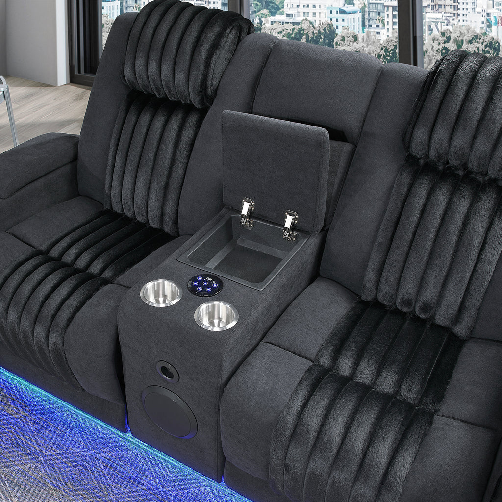 Duran Black 2PC Power Reclining Sofa and Loveseat with Power Headrest, LED Light, USB, and Bluetooth Speaker - Grand Goldman Shop