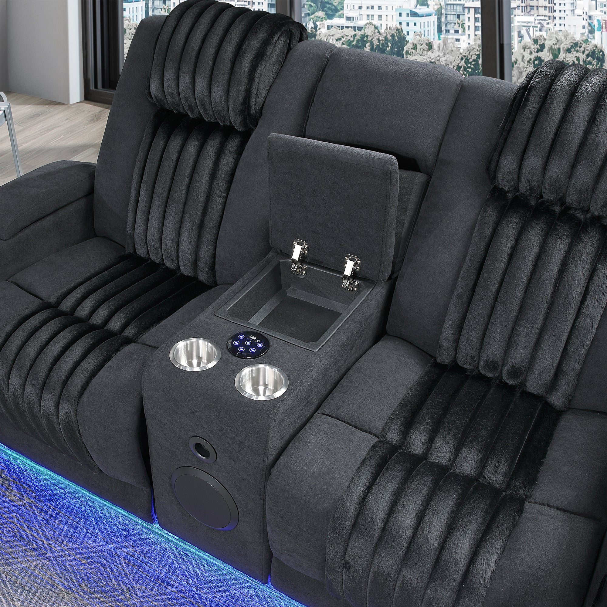 Duran Black 2PC Power Reclining Sofa and Loveseat with Power Headrest, LED Light, USB, and Bluetooth Speaker - Grand Goldman Shop
