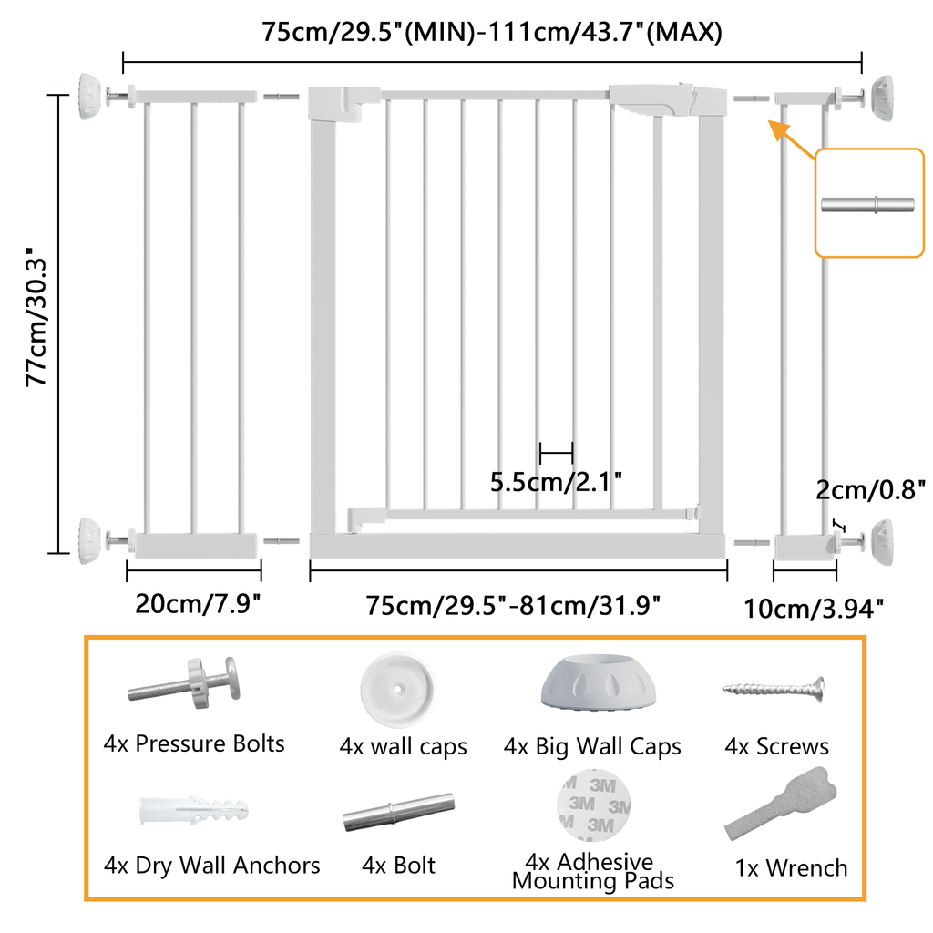 29.5-45.3' Wide Baby Gate with wall protector for Stairs, Dog Gate Indoor for Doorways, No Drilling Pressure Mounted Pet Gate