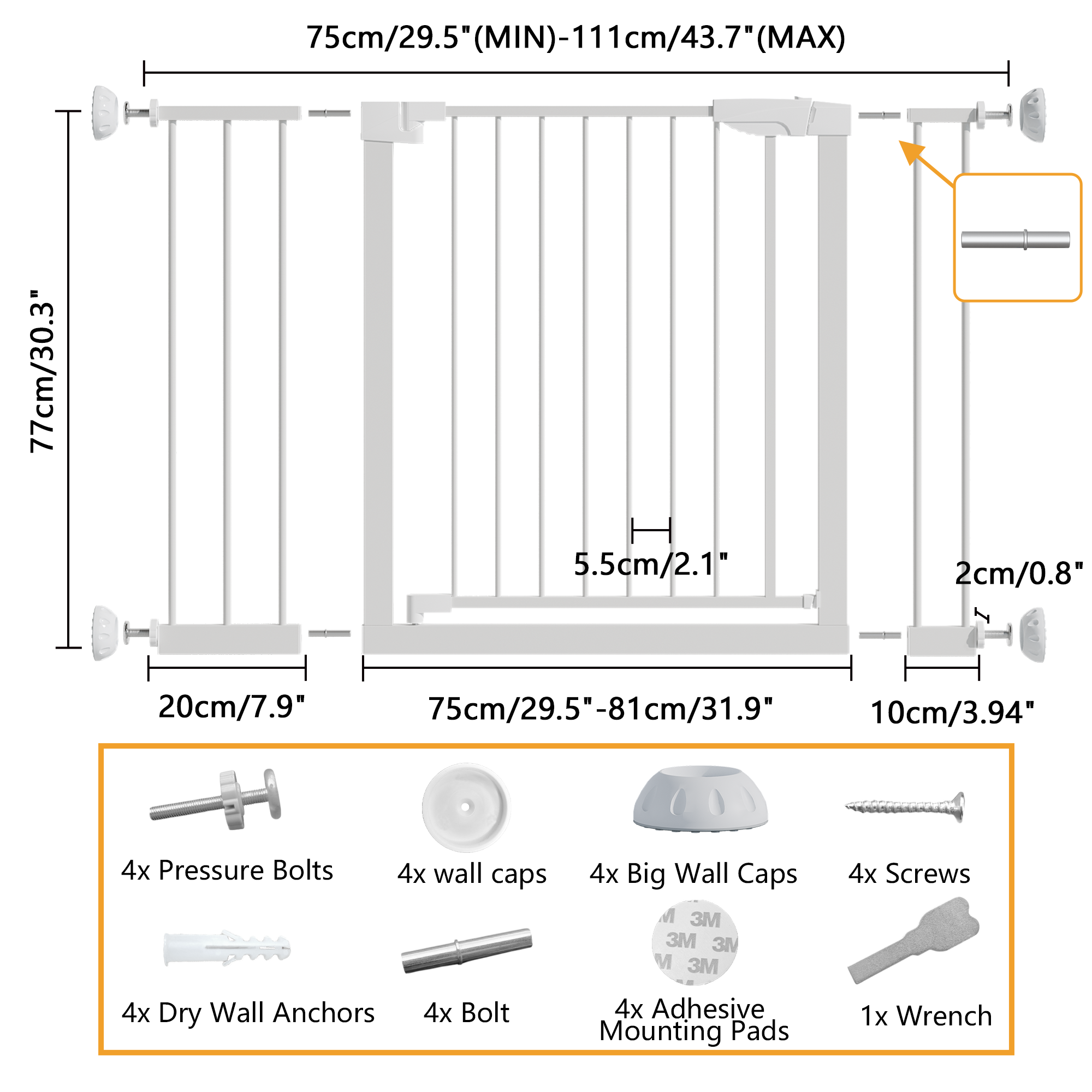 29.5-45.3' Wide Baby Gate with wall protector for Stairs, Dog Gate Indoor for Doorways, No Drilling Pressure Mounted Pet Gate