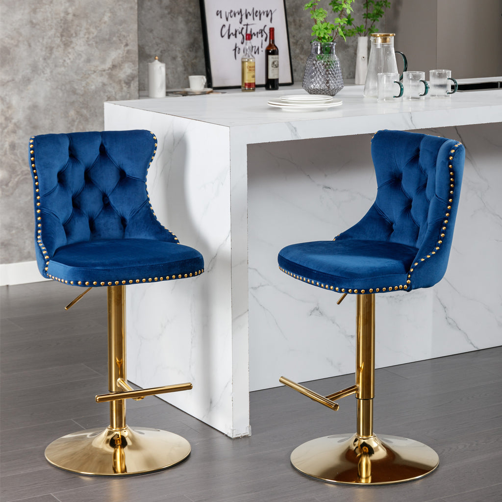 A&A Furniture,Golden Swivel Velvet Barstools Adjusatble Seat Height from 25-33 Inch, Modern Upholstered Bar Stools with Backs Comfortable Tufted for Home Pub and Kitchen Island,Blue,Set of 2 - Grand Goldman Shop