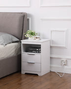Nightstand with Charging Station,End Table with 2 Drawers,Wooden End Table with Drawer and Opening Shelf,Side Table for Bedroom, White - Grand Goldman Shop
