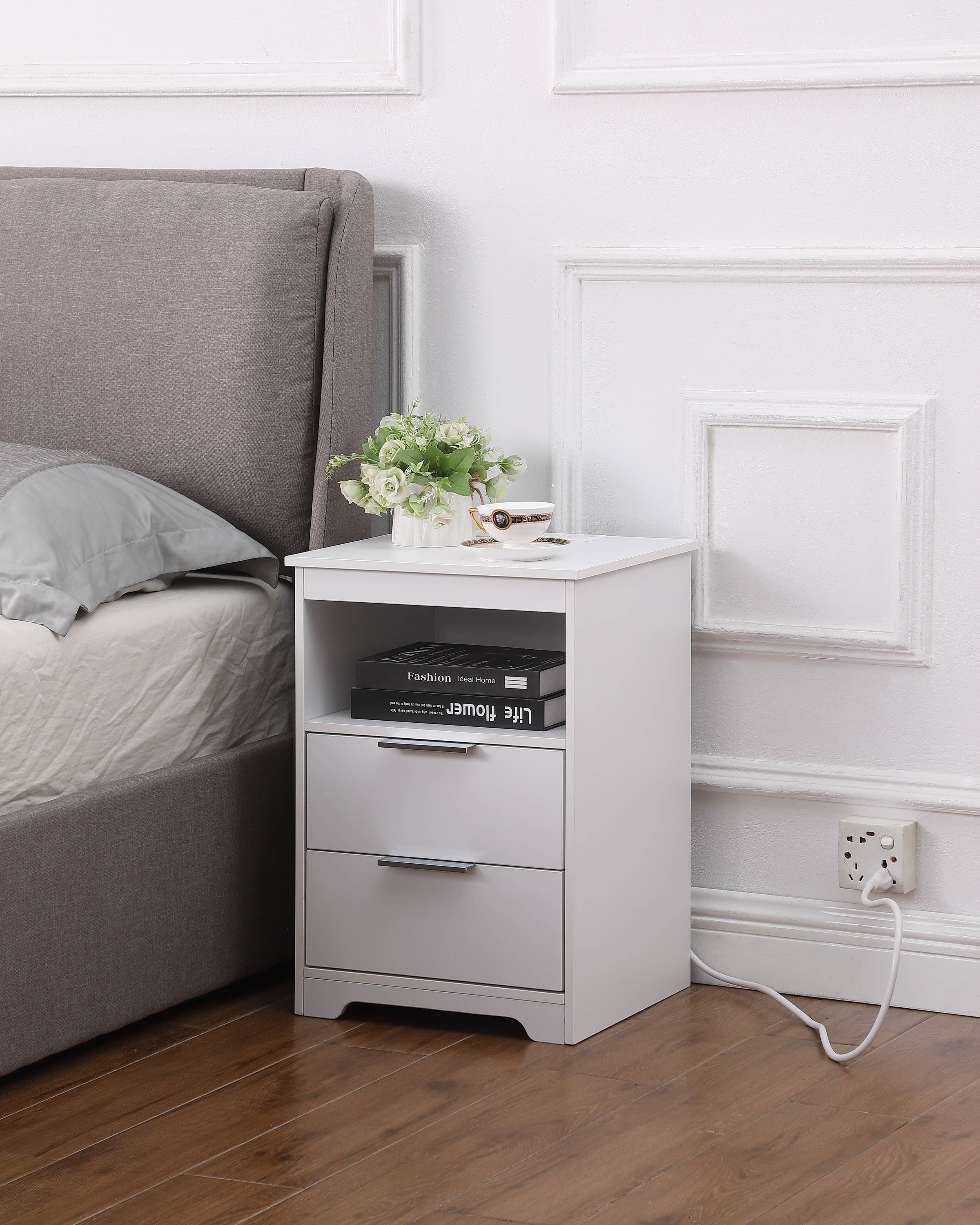 Nightstand with Charging Station,End Table with 2 Drawers,Wooden End Table with Drawer and Opening Shelf,Side Table for Bedroom, White - Grand Goldman Shop