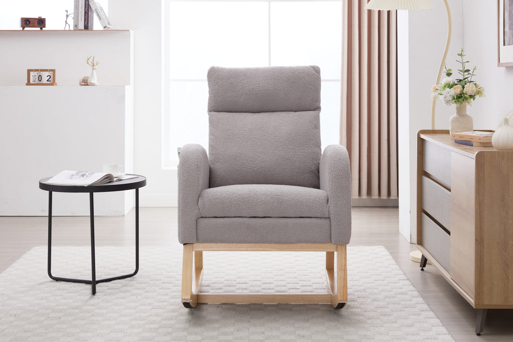 015B-Teddy Fabric Leisure Rocking Chair,Nursery Rocking Chair With Adjustable Footstool,Thickened Headrest And High Backrest, Storage Pocket On The Right Side,The Base Rocker Is Solid Wood,Light Gray - Grand Goldman Shop
