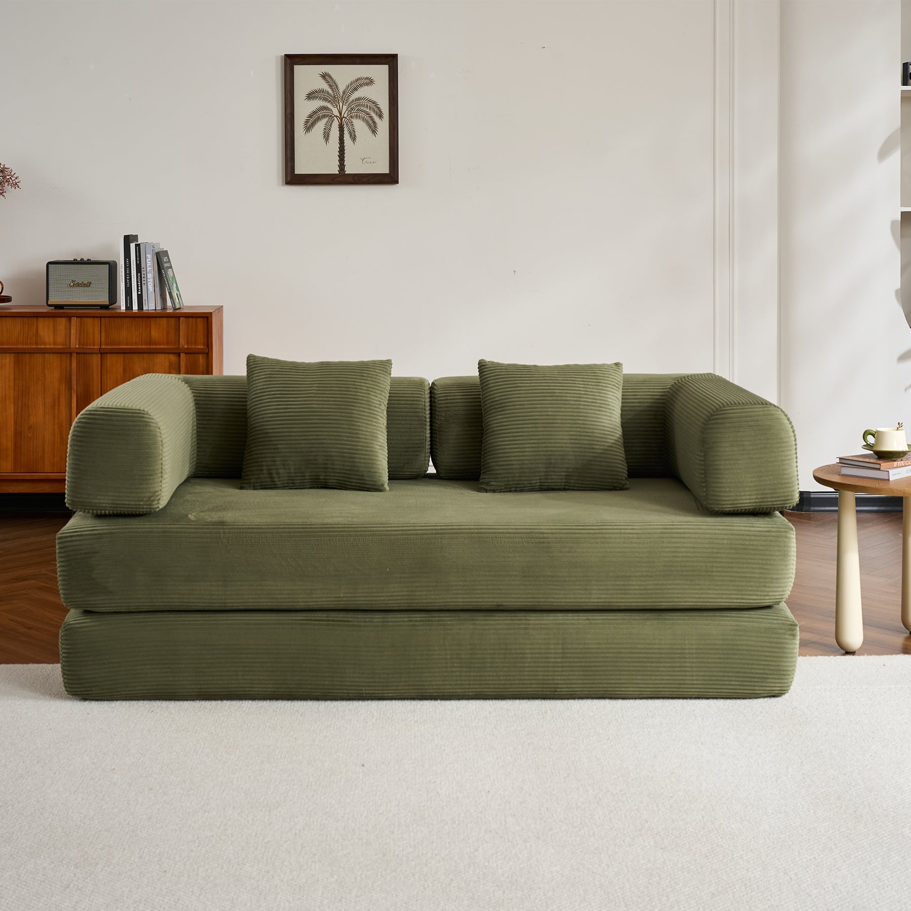 Convertible Sleeper Sofa Bed with Cylindrical Pillow, Corduroy Folding Mattress Couch with Fixed-Shape Frame, Floor Sofa Lounge Couch for Living Room Bedroom (Green) - Grand Goldman Shop