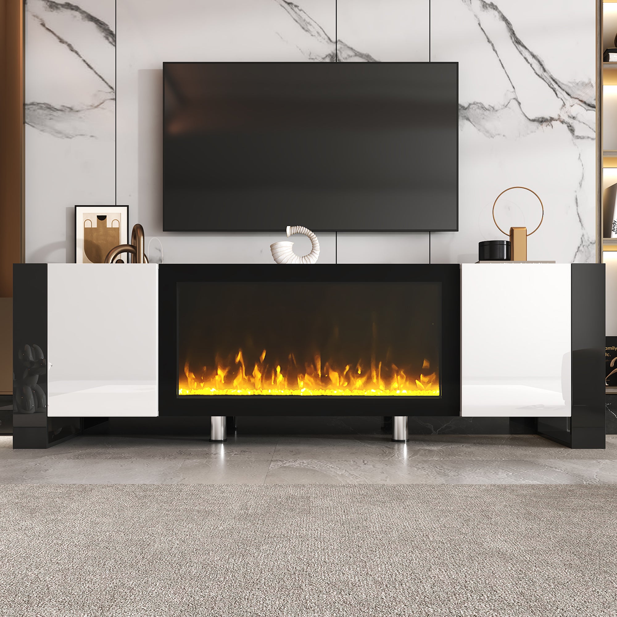 ON-TREND Modern TV Stand with 34.2' Non-heating Electric Fireplace, High Gloss Entertainment Center with 2 Cabinets, Media Console for TVs up to 78', White - Grand Goldman Shop