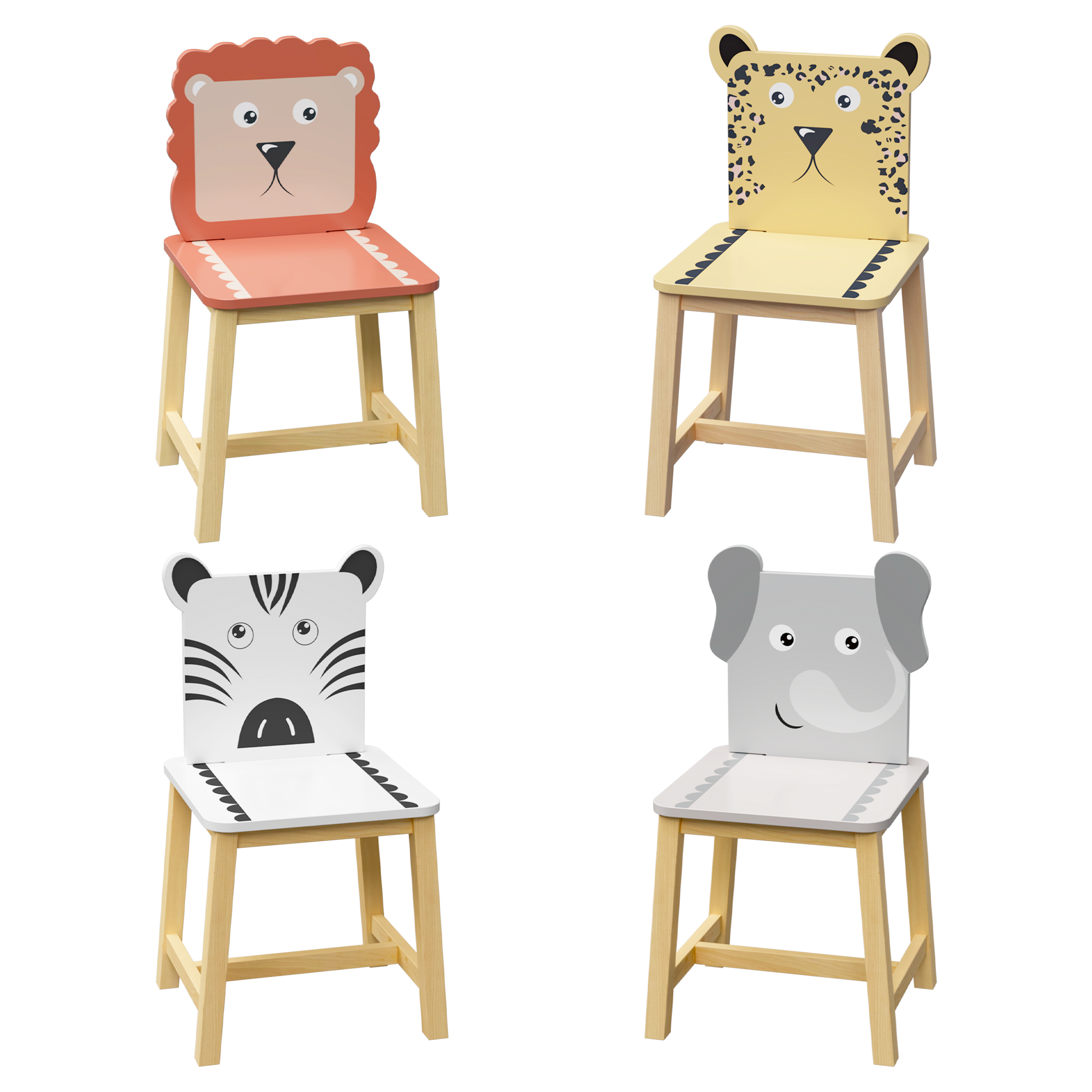 Kids Wood Table and Chair Set with Cartoon Animals Design, White Solid Wood & MDF Furniture for Ages 3-8, 5-Piece Table and C