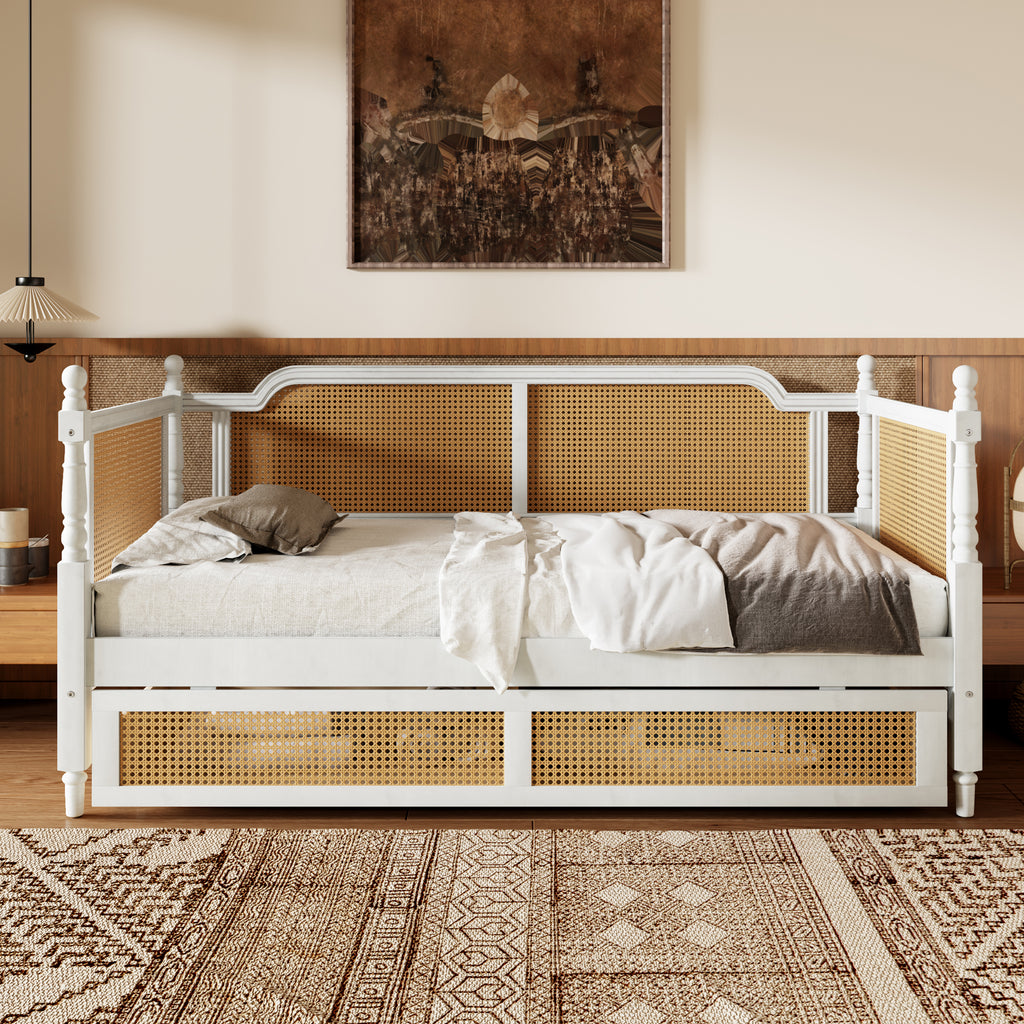 Traditional Style Rattan Twin Size Daybed with 2 Drawers, Antique White, Solid Pine Wood & MDF - Grand Goldman Shop