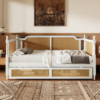 Traditional Style Rattan Twin Size Daybed with 2 Drawers, Antique White, Solid Pine Wood & MDF - Grand Goldman Shop