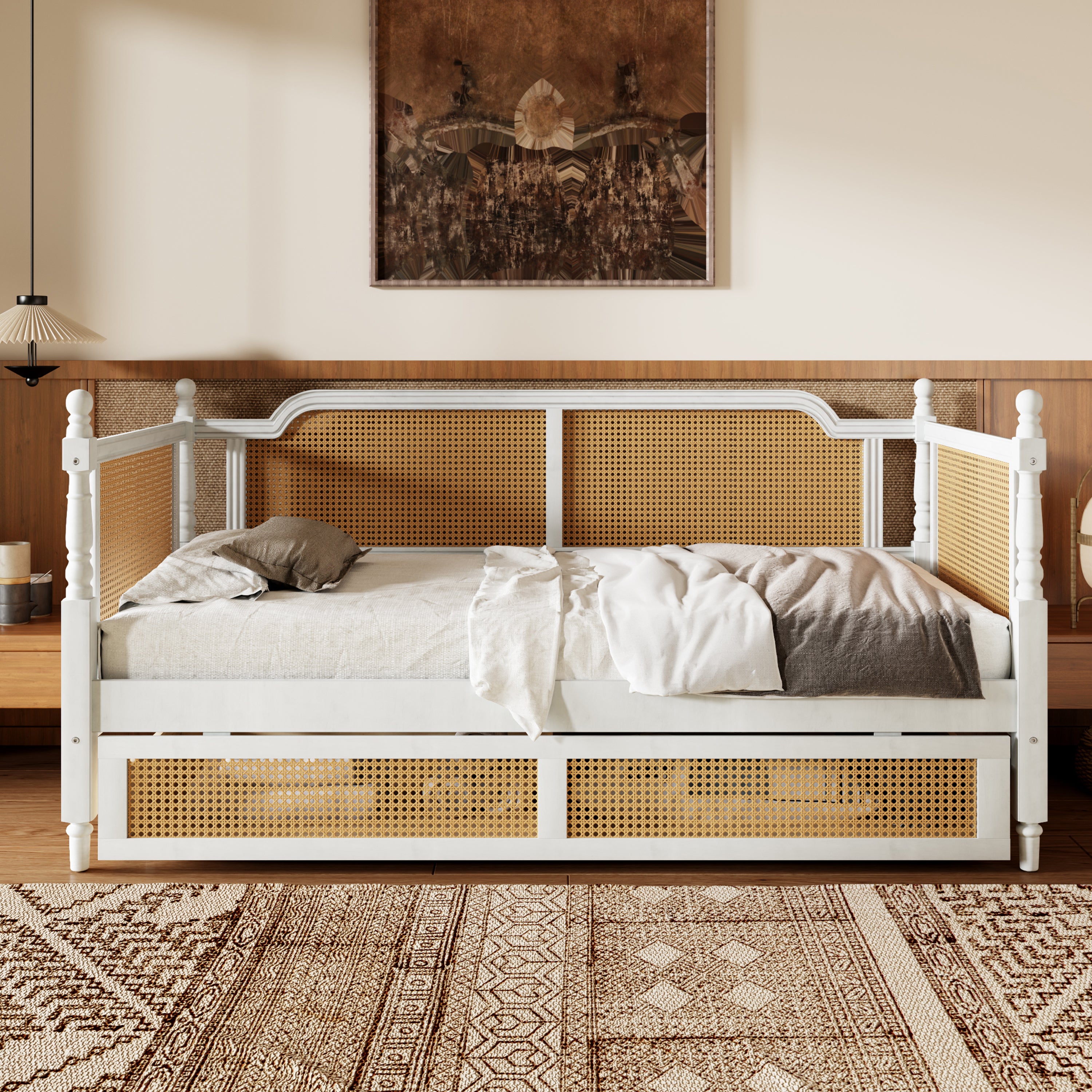 Traditional Style Rattan Twin Size Daybed with 2 Drawers, Antique White, Solid Pine Wood & MDF - Grand Goldman Shop