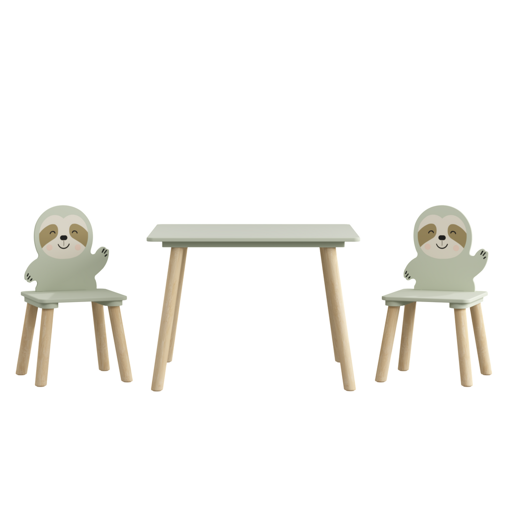Kids Table and Chair Set with 2 Cute Sloth Chairs, Wooden Toddler Activity Table, Cute Animal Design Play & Study Set for Pla