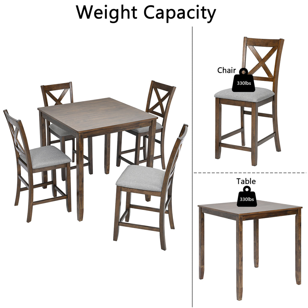 5 Piece Dining Table Set, Wooden Dining Square Table Set for 4, Counter Height Kitchen Table Set with Square Table and 4 Upholstered Chairs for Small Space, Walnut - Grand Goldman Shop