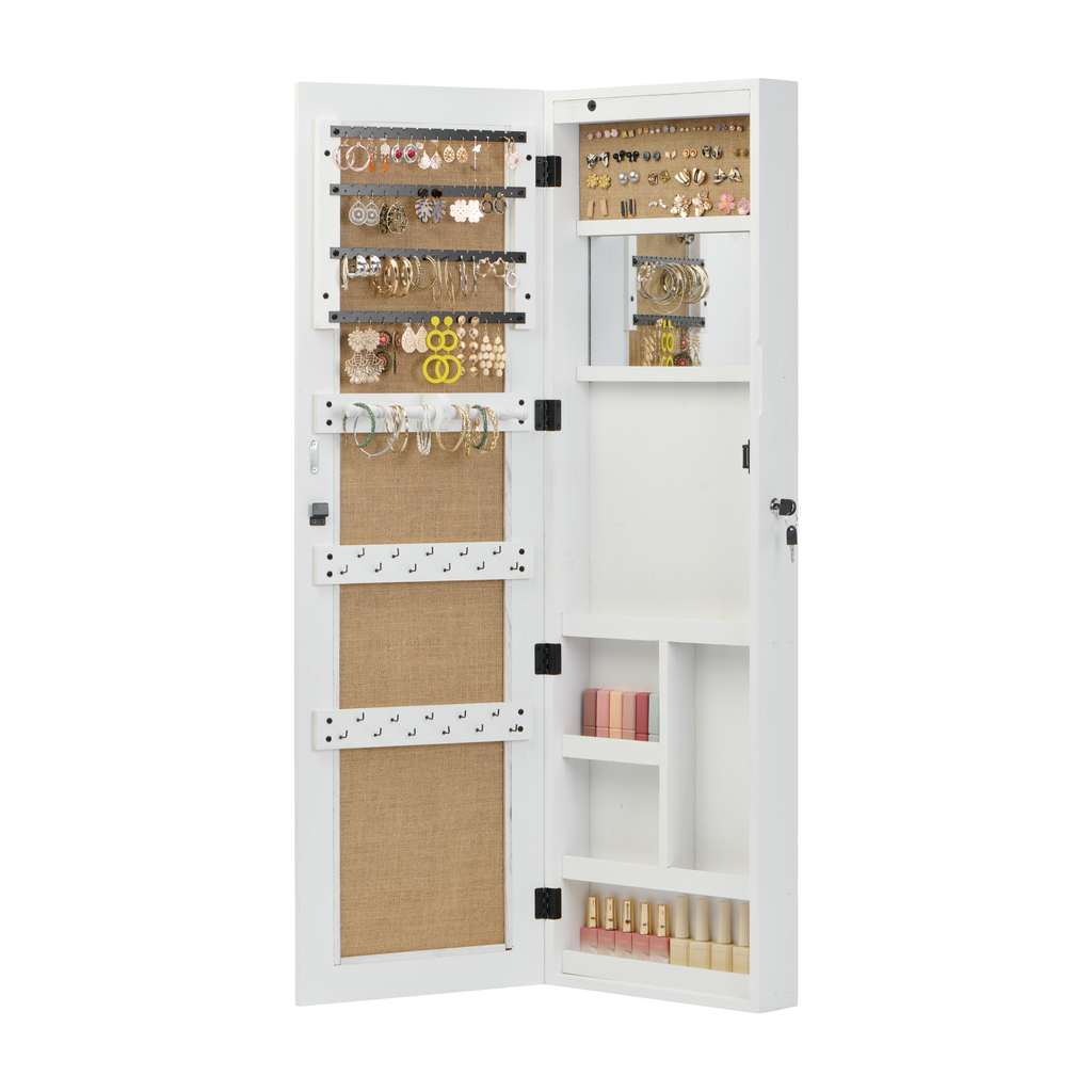 White Solid Wood Jewelry Armoire Organizer with Full-Length Mirror, Wall-Mounted Lockable Cabinet with LED Light, 47.5x14.3 in - Grand Goldman Shop