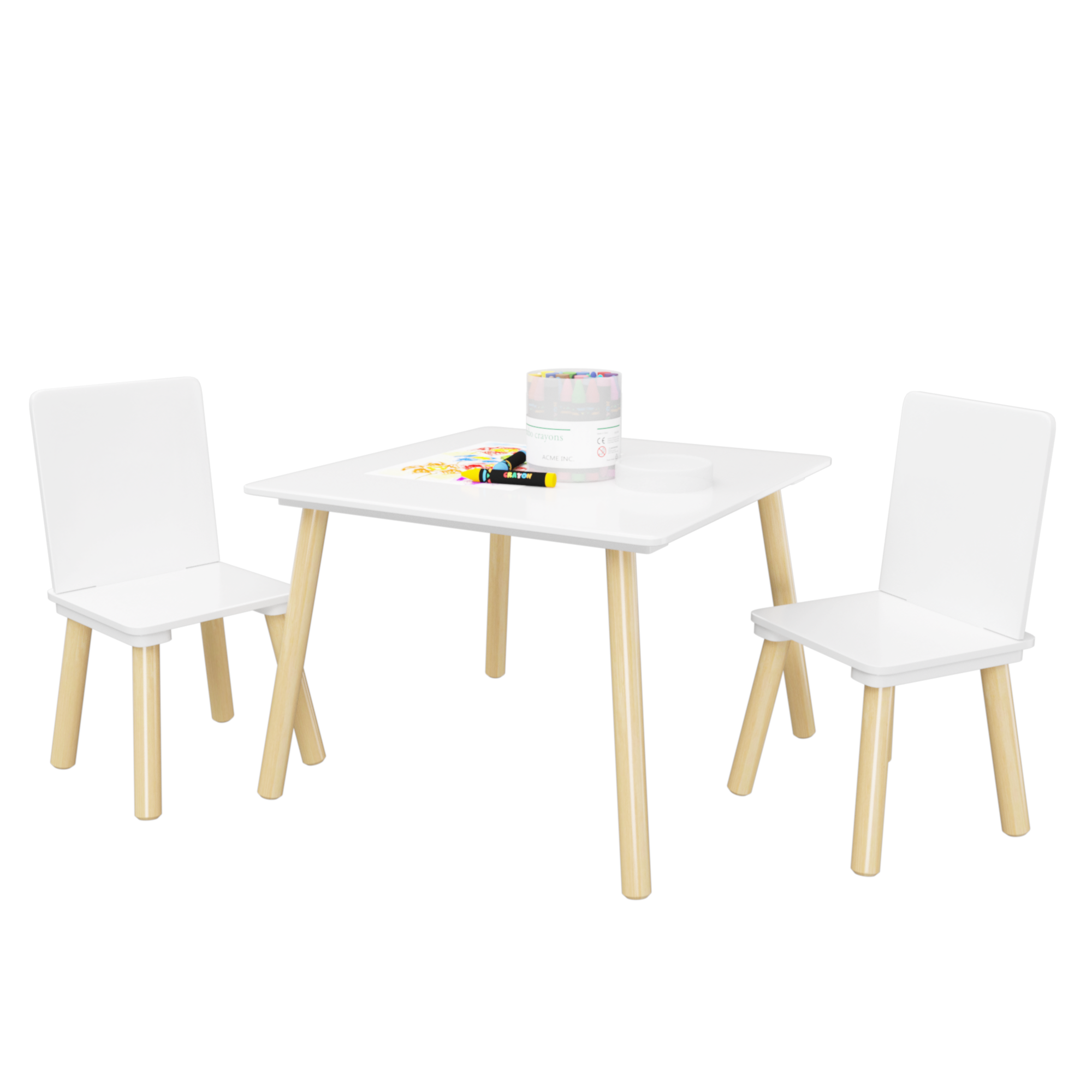 White Wooden Kids Table and 2 Chairs Set, 3-Piece Toddler Activity Play Table with Solid Wood & MDF Construction, Compact Siz