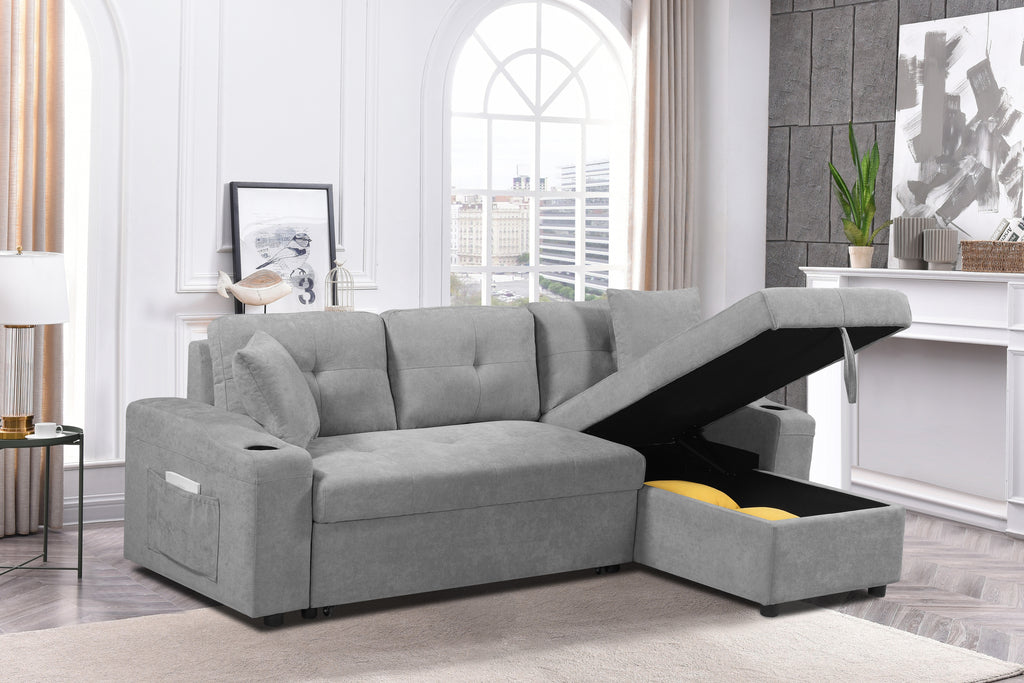 MEGA convertible corner sofa with armrest storage, living room and apartment sectional sofa, right chaise longue and grey - Grand Goldman Shop