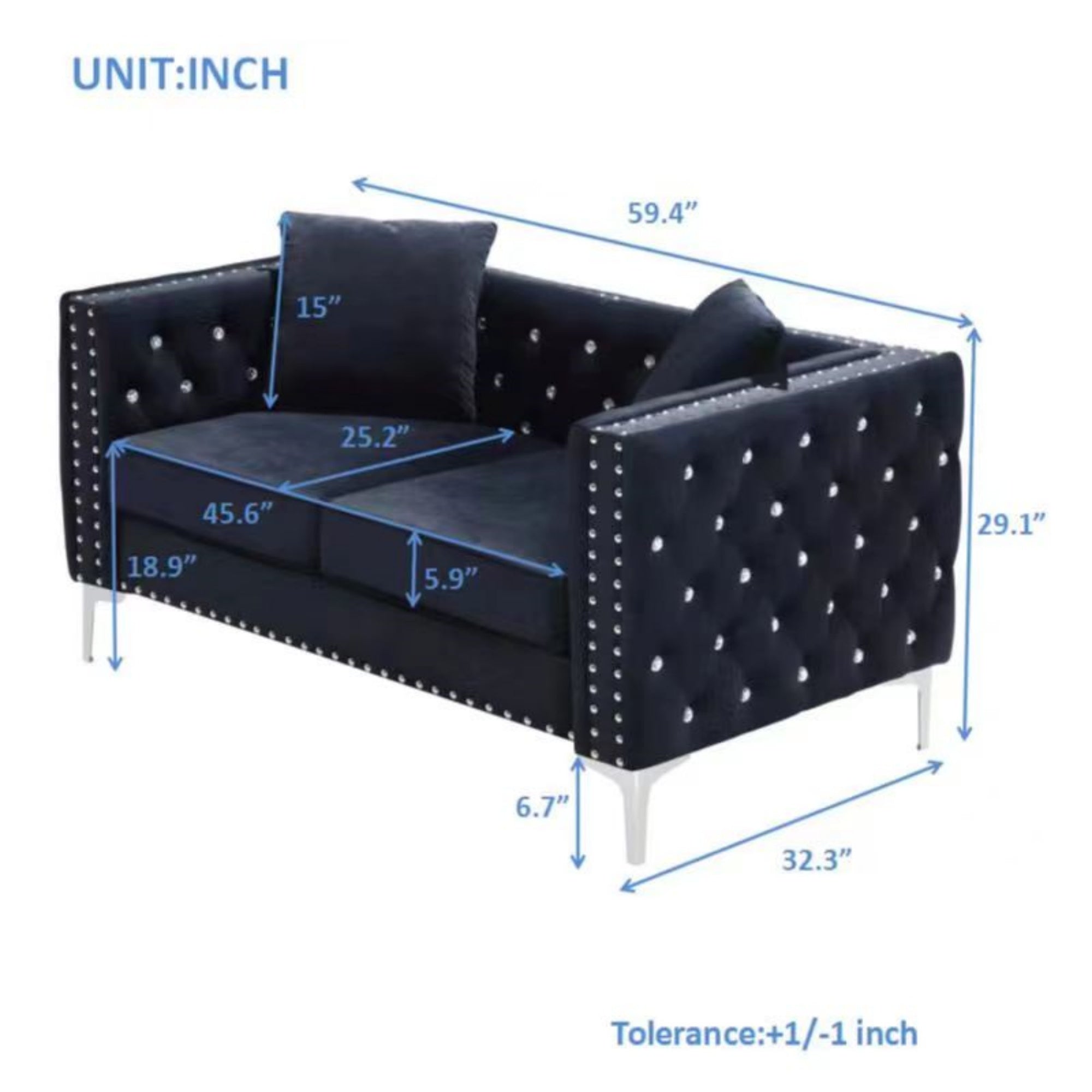 59.4 Inch Wide Black Velvet Sofa with Jeweled buttons,Square Arm ,2 Pillows - Grand Goldman Shop