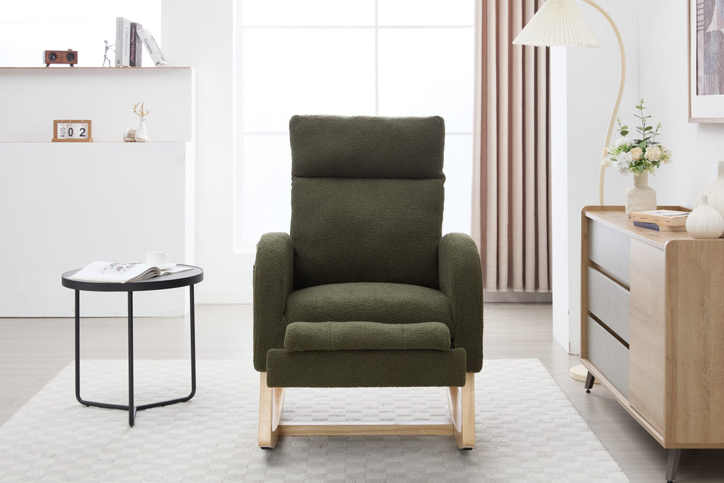 015B-Teddy Fabric Leisure Rocking Chair,Nursery Rocking Chair With Adjustable Footstool,Thickened Headrest And High Backrest, Storage Pocket On The Right Side,The Base Rocker Is Solid Wood,Green - Grand Goldman Shop