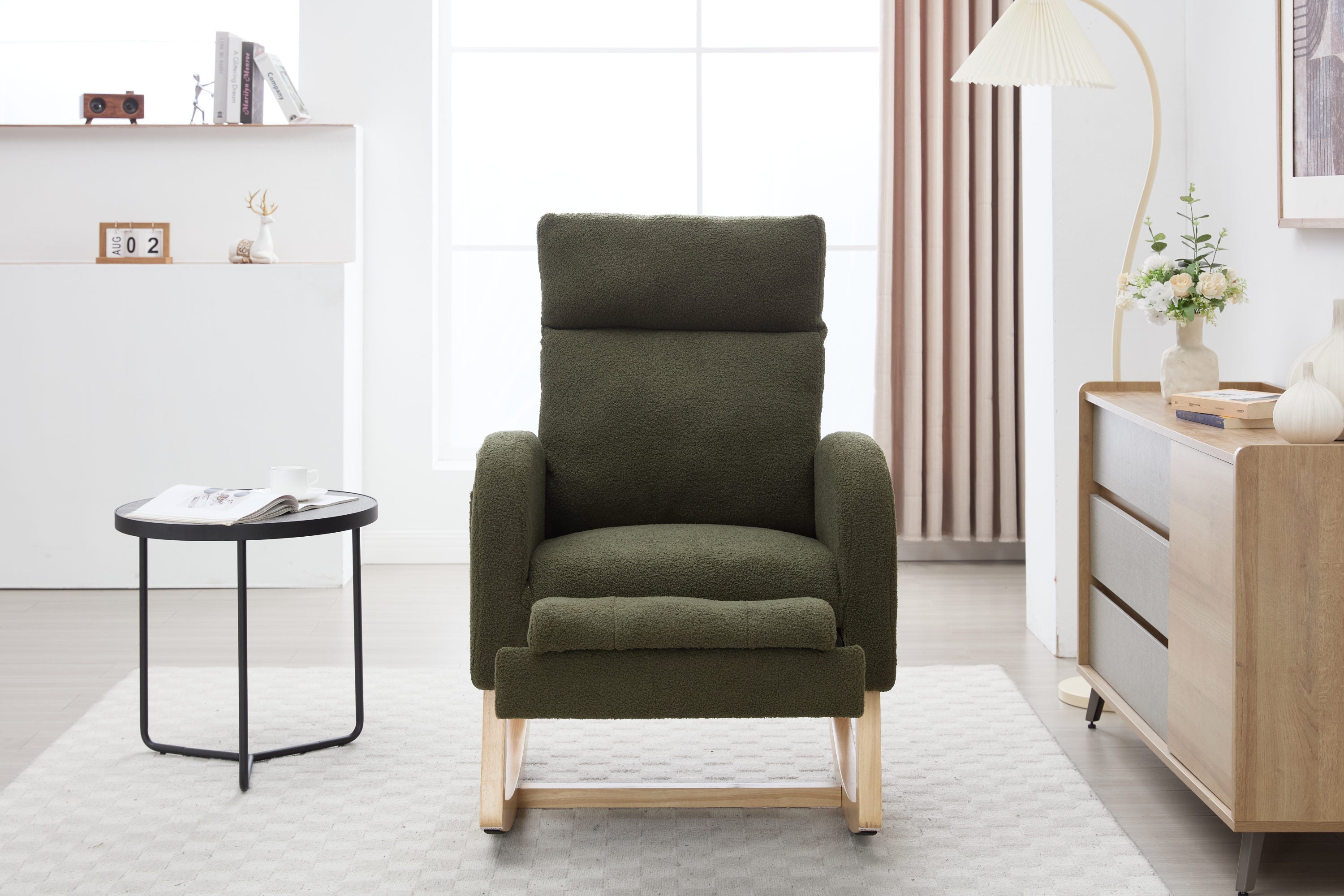 015B-Teddy Fabric Leisure Rocking Chair,Nursery Rocking Chair With Adjustable Footstool,Thickened Headrest And High Backrest, Storage Pocket On The Right Side,The Base Rocker Is Solid Wood,Green - Grand Goldman Shop