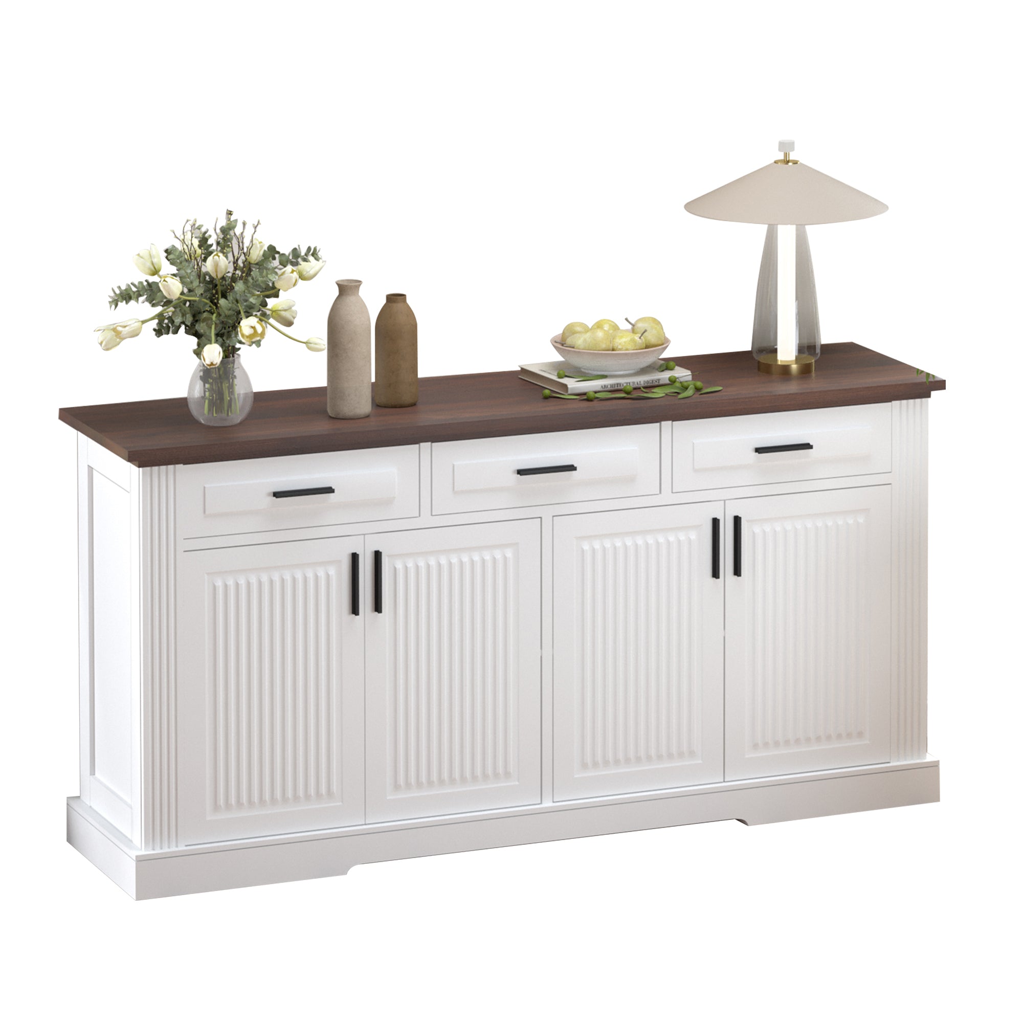 Modern Fluted Sideboard Buffet Cabinet with 4 Doors 3 Drawers, White MDF Storage Console Table for Living Room Dining Room Entryway, 63.11' L x 15.75' W x 32' H - Grand Goldman Shop