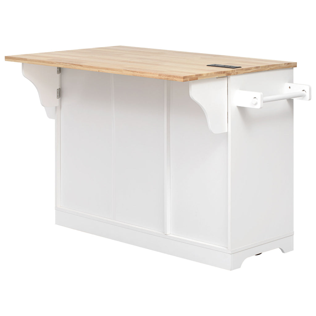 K&K 59.3' Kitchen Island with Storage 2 Pull Out Cabinet Organizers & Rubber Wood Drop Leaf, Rolling Kitchen Island with Trash Can Storage, Power Outlet, Spice & Towel Rack for Kitchen, Dining, White - Grand Goldman Shop