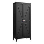 Black Metal Adjustable 2-Door Kitchen Pantry Cabinet with Striped Design and Gold Handles, Tall Steel Storage Locker for Kitc