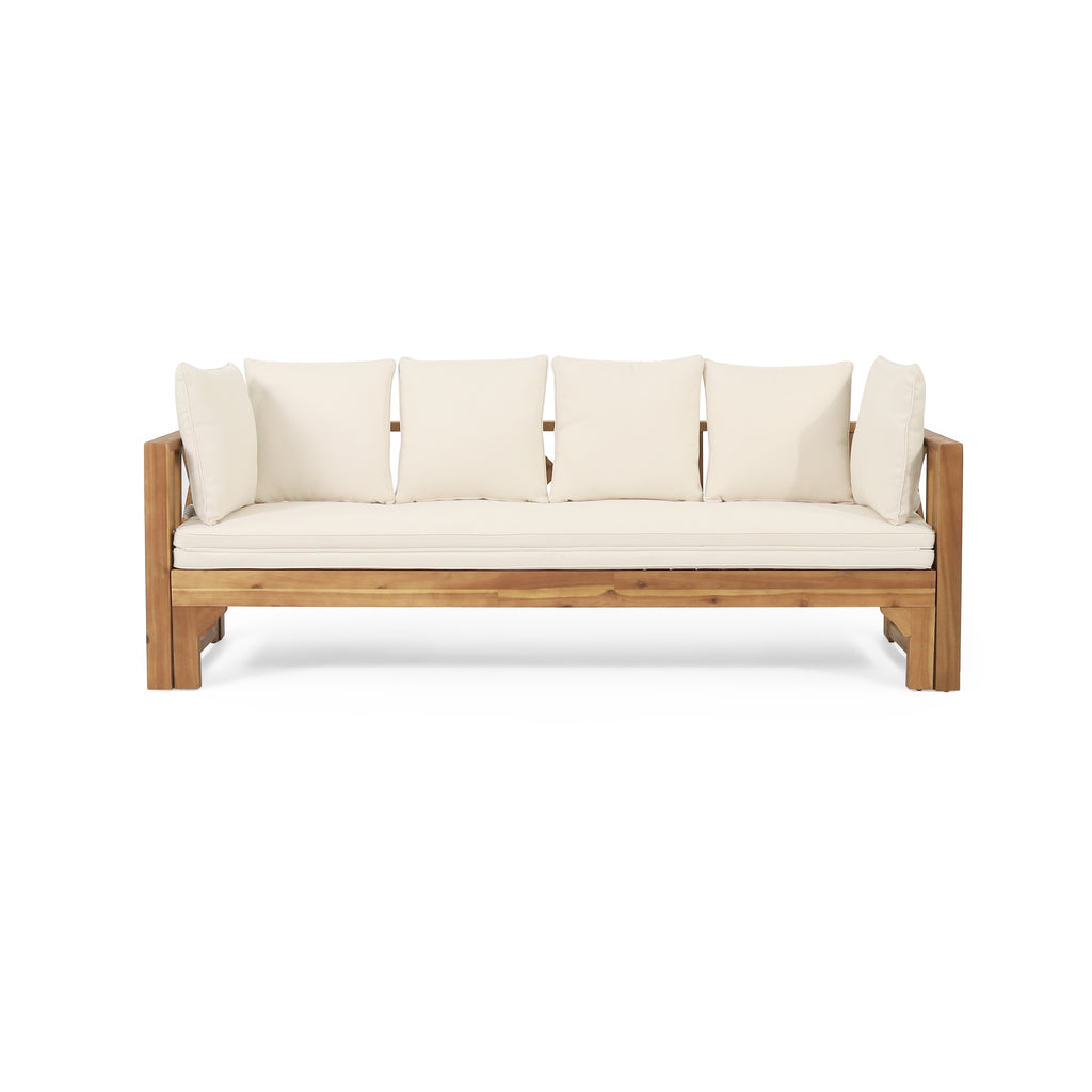 Outdoor Extendable Acacia Wood 3 Seater Sofa, Upholstered Cushion Couch, Daybed Sofa Chair, Spacious Seating Lounge Chair, Patio Daybed Sofa for Garden Yard - Grand Goldman Shop